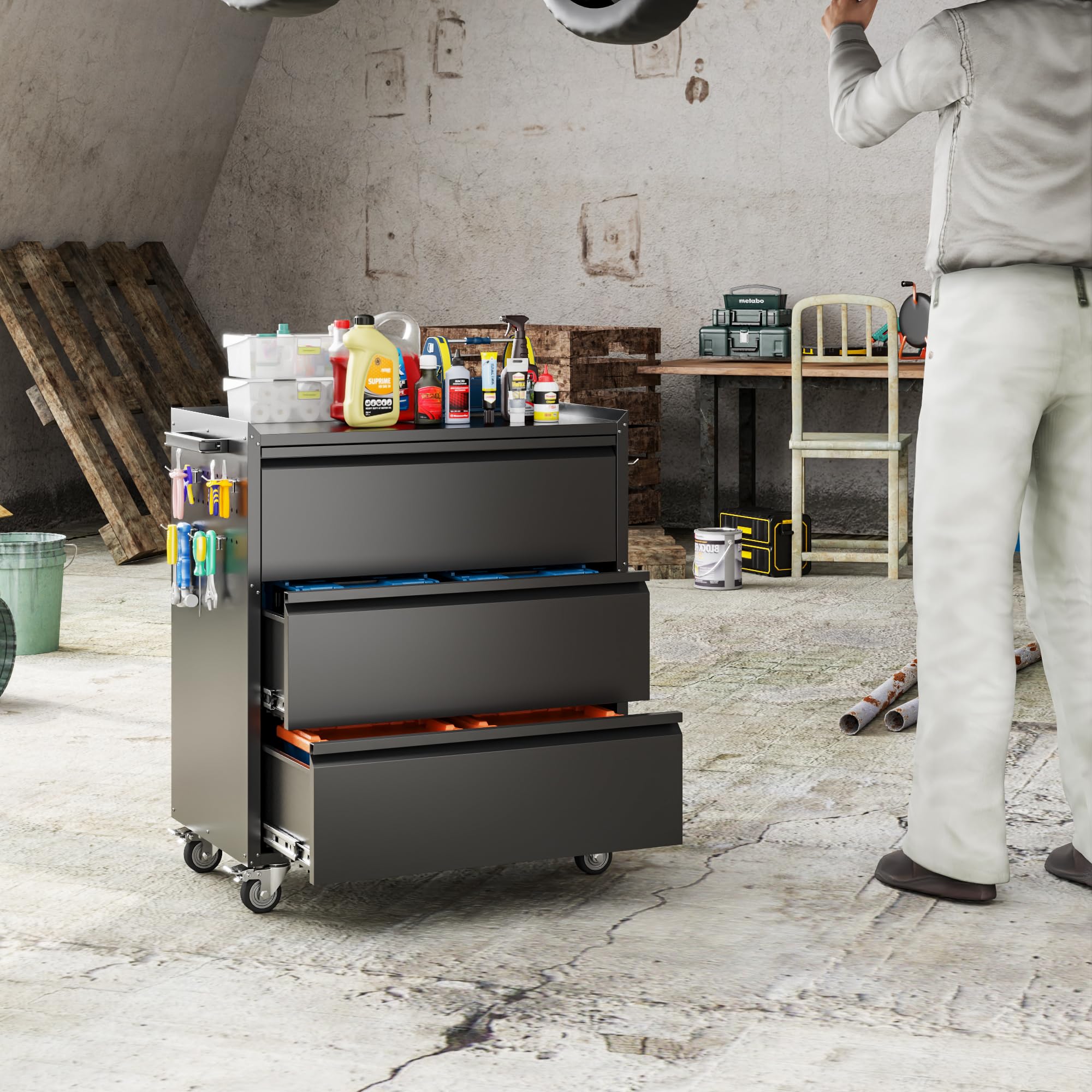 Black Metal Garage Storage Cabinet with Wheels & Pegboard - 3-Drawer Rolling Tool Organizer for Home, Workshop & Garage