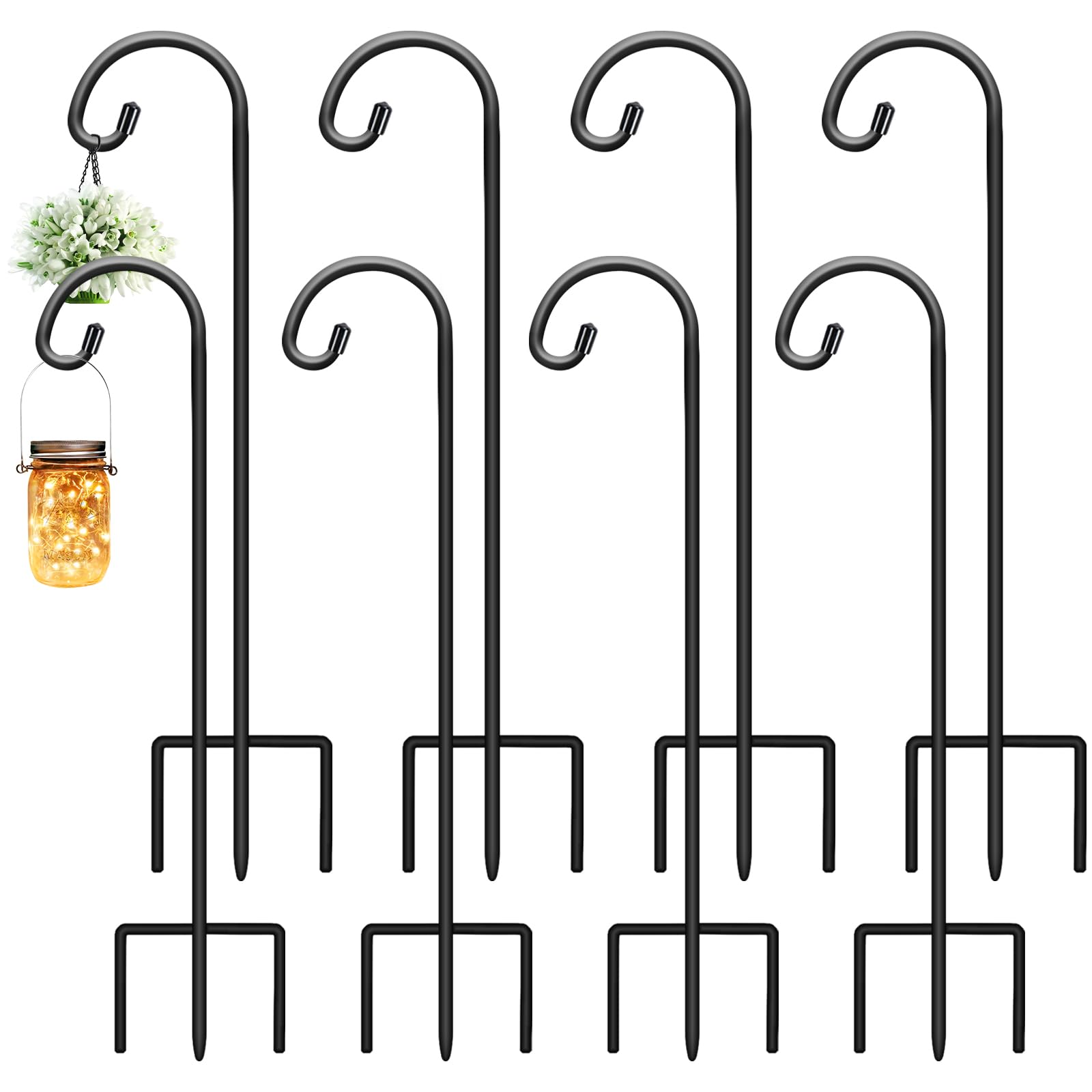 Gtongoko 8 Pack 32 Inch Adjustable Shepherd Hooks for Outdoor - Matte Black Garden Hooks for Hanging Plants, Lanterns, Bird Feeders & Solar Lights - Perfect for Mason Jar Decor, Wedding Decorations & Backyard Landscaping