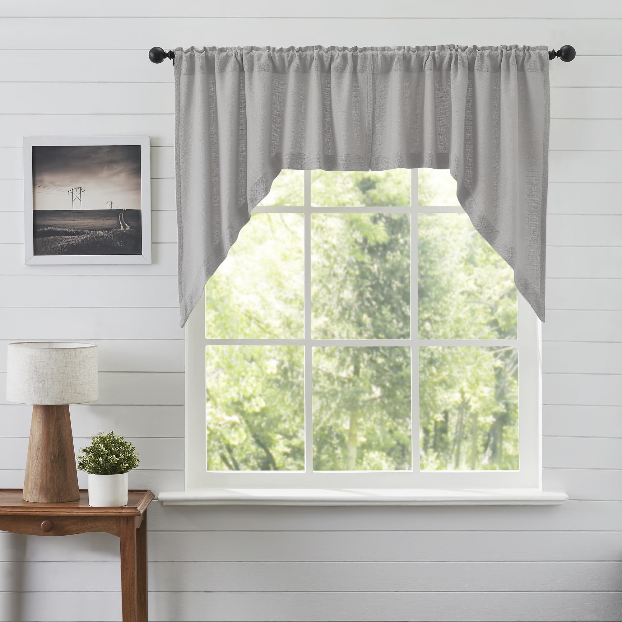 VHC Brands Burlap Dove Grey Farmhouse Curtains Swag Set of 2 (36x36x16 inches) - Rustic Window Decor for Living Room, Bedroom & Kitchen
