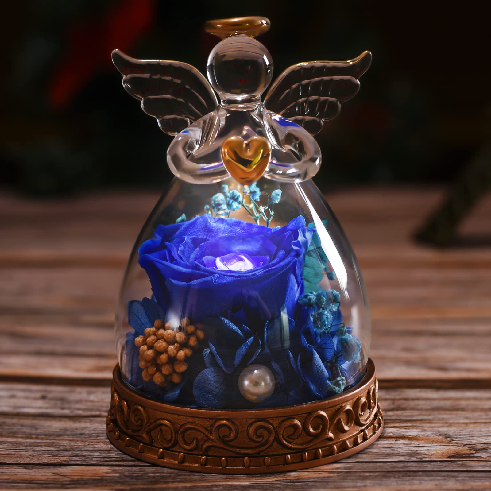 Real Preserved Rose in Glass Angel Figurine with LED Light - Eternal Flower Gift for Women, Mothers, Grandmothers | Perfect for Mother's Day, Christmas, Birthdays & Anniversaries (Navy Blue) - Romantic Home Decor & Thoughtful Present