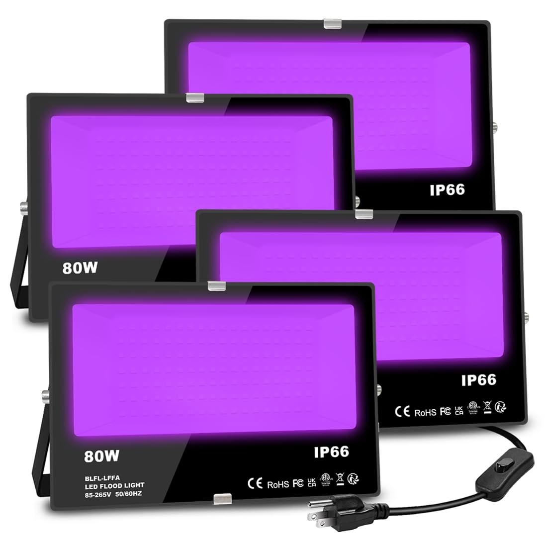 80W Blacklight Flood Light Outdoor - MELPO IP66 Waterproof UV Black Light for Glow Party, Halloween Decorations, Body Paint & Fluorescent Posters | Stage Lighting & Neon Effects with 5.9Ft US Plug Cord (4 Pack) - Perfect for Night Events, Clubs, Themed Parties & DIY Glow Projects