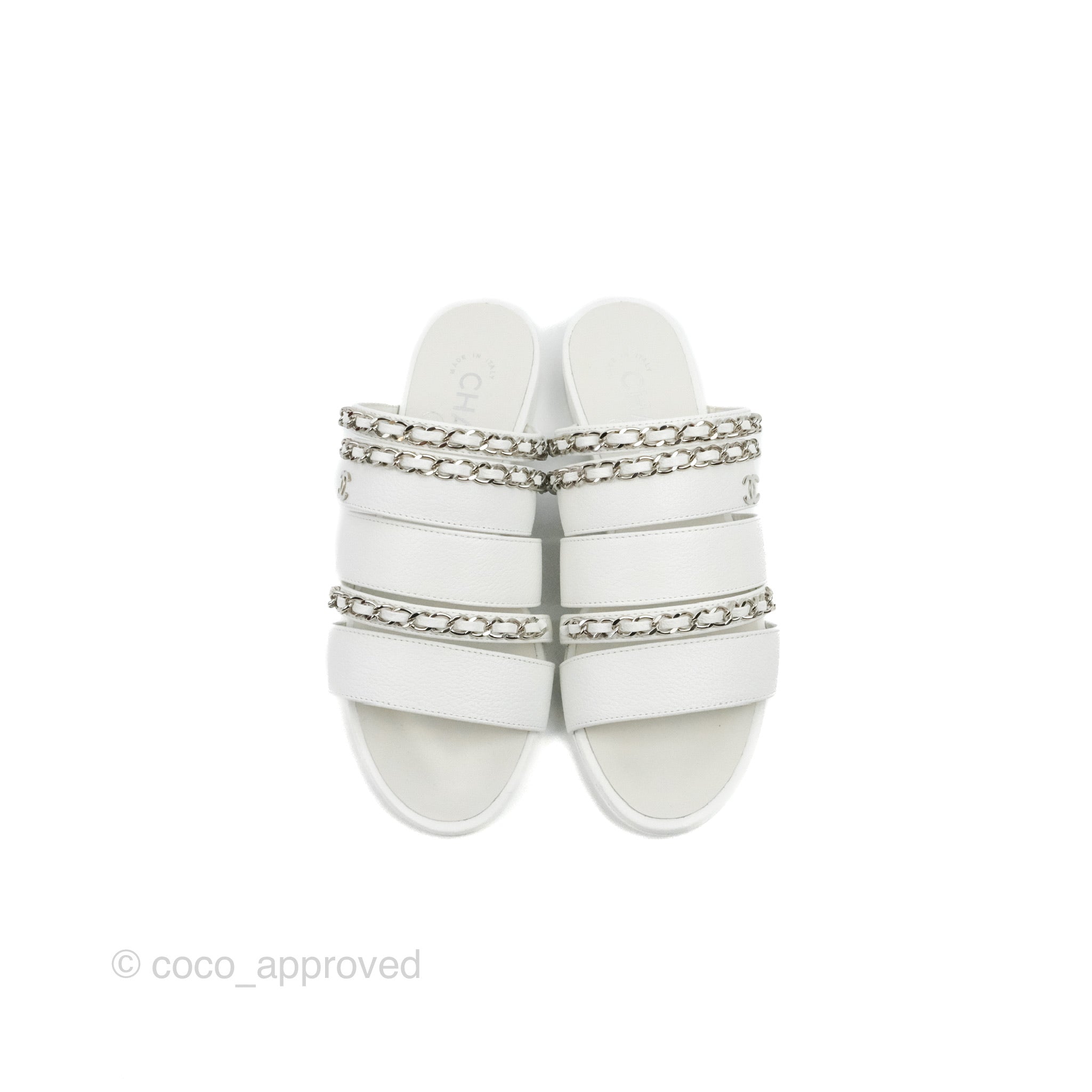 Chanel CC Chain Sandals Women's Size 34.5 White Leather with Silver Hardware - Perfect for Summer Outfits & Beach Vacations