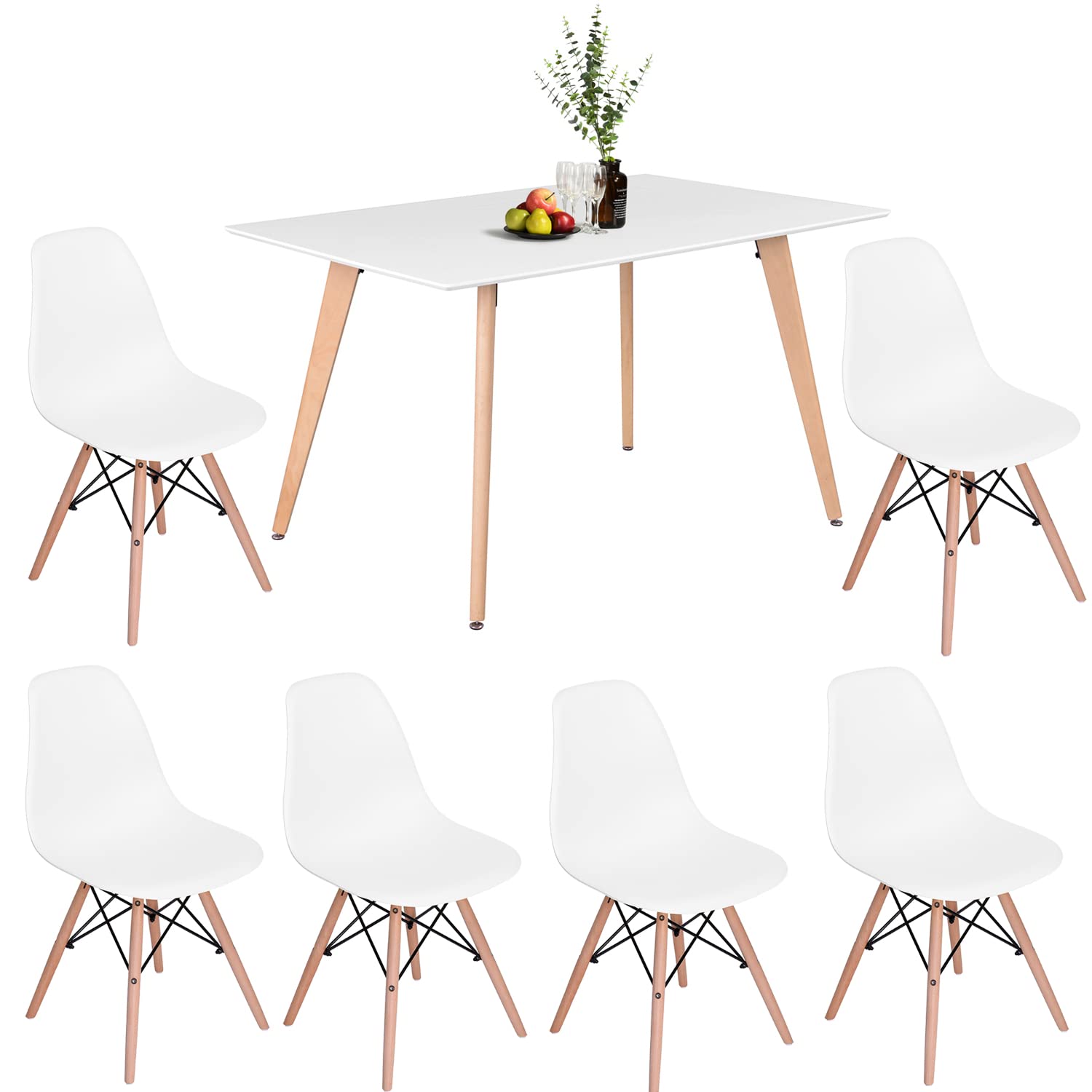 White Dining Table Set for 6 with 6 Chairs - 47 Inch Modern Dining Room Furniture Set for Family Gatherings & Dinner Parties