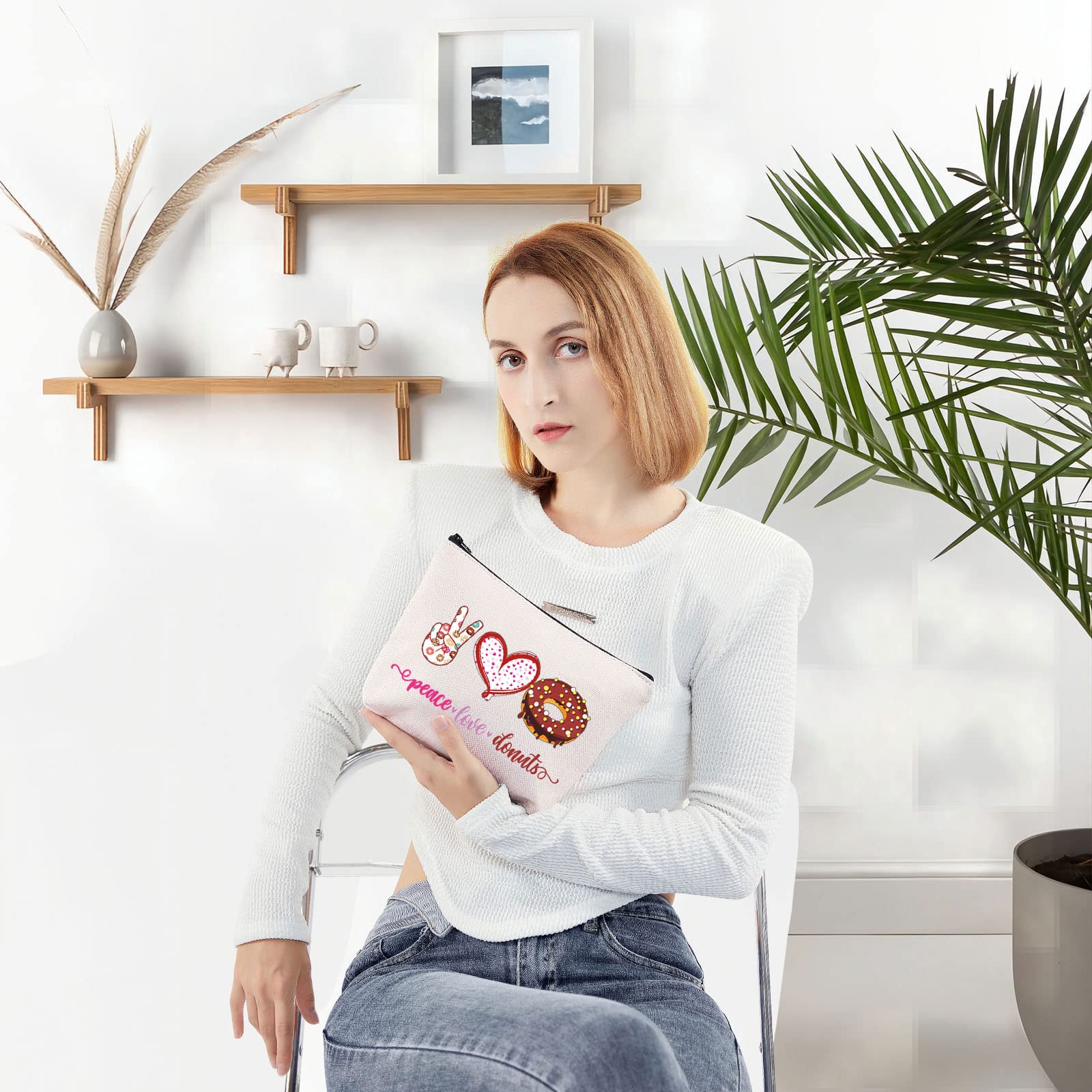LEVLO Funny Donut Cosmetic Bag - Cute Donut Lover Gift with Zipper Pouch for Makeup & Travel Accessories | Perfect for School, Gym & Daily Use (Peace Love Donuts Design)