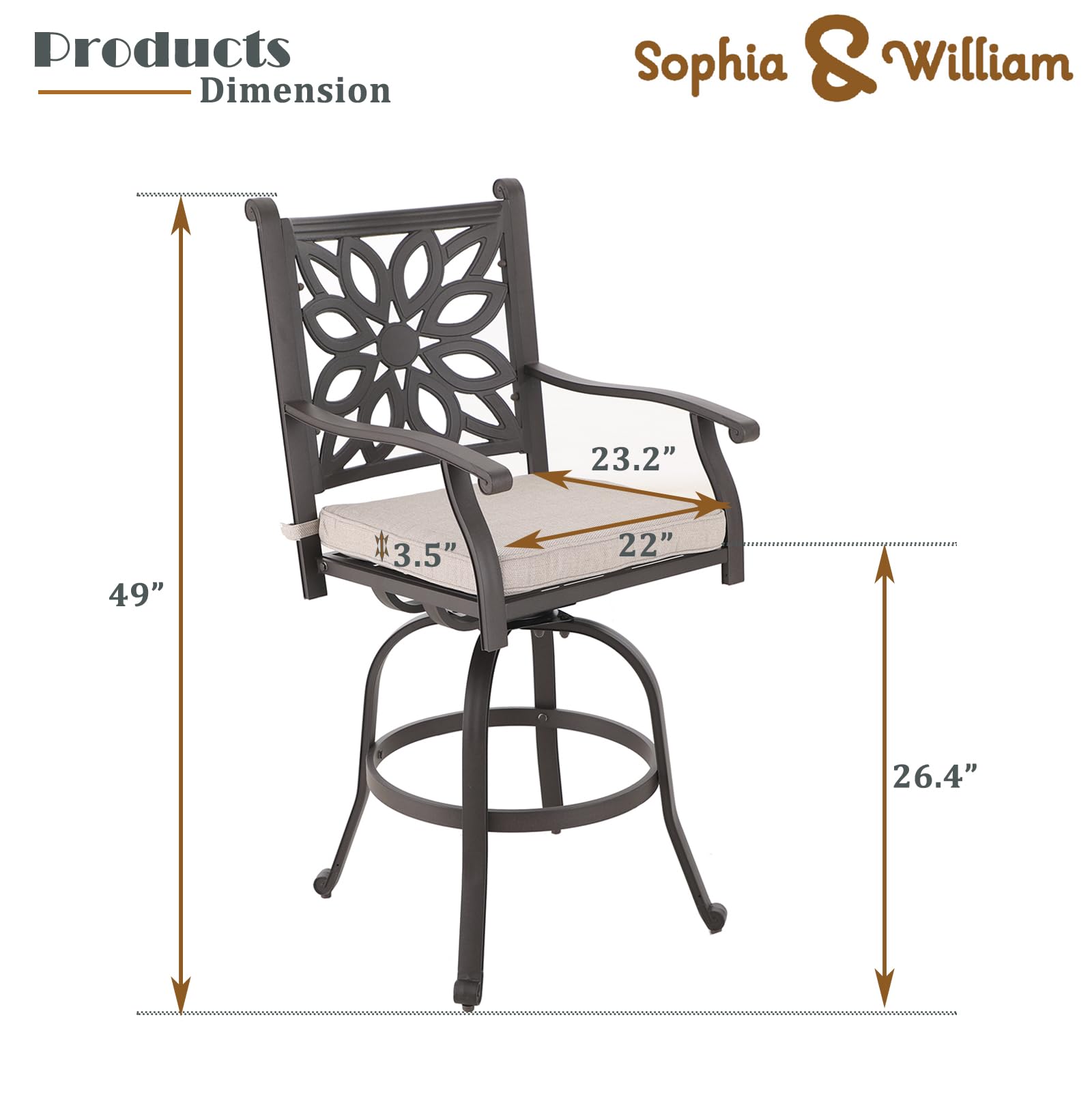 Sophia & William 3-Piece Cast Aluminum Outdoor Bar Set - Round Patio Bar Table with 2 Swivel Counter Height Chairs - Modern Bistro Pub Set for Backyard, Deck, Poolside & Garden Relaxation