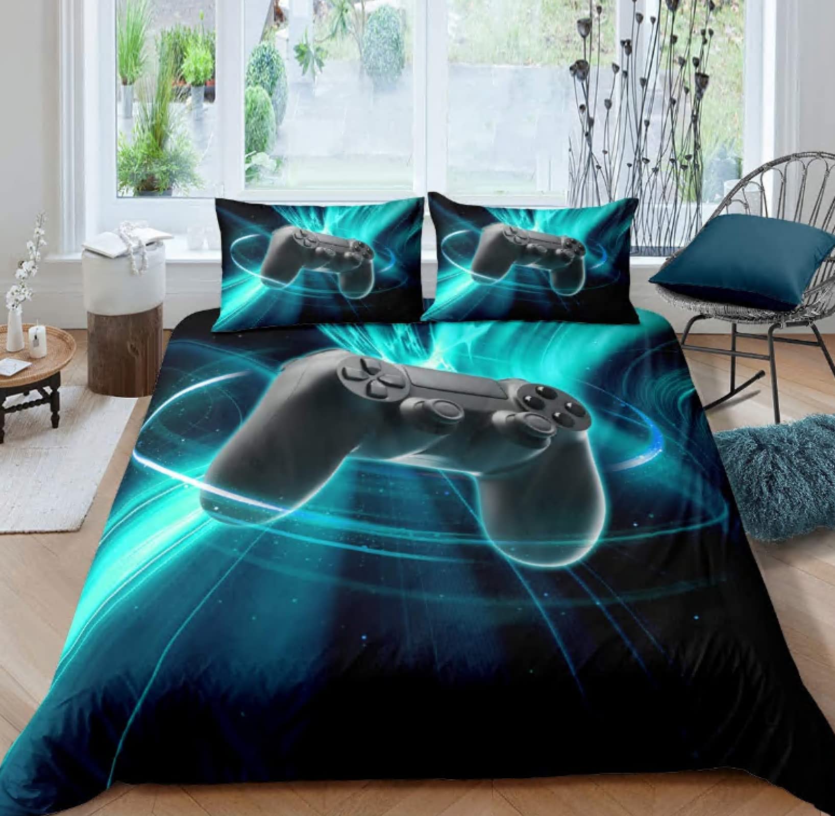 Blue Green Gamepad Gamer Pattern Comforter Cover Set - Twin Size 2pc 173x218 - Gaming Bedding for Boys, Teens & Adults - Perfect for Bedroom Decor, Gaming Room & Sleepovers