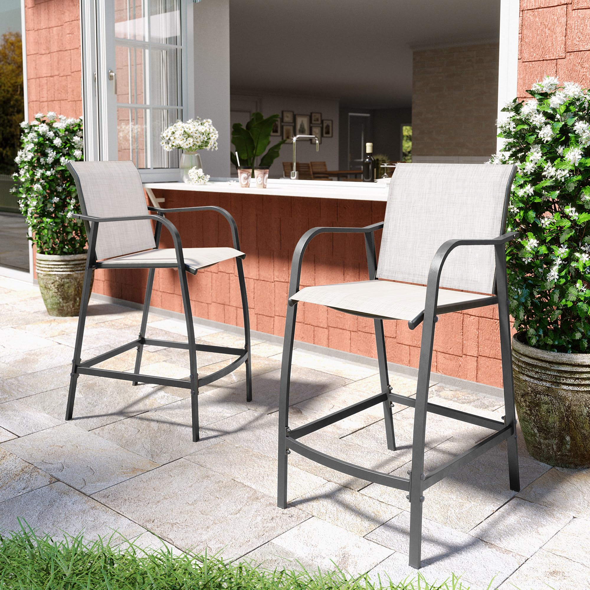 Outdoor Metal Bar Stools Set of 2 - Counter Height Patio Chairs with Textilene Seat, Armrest & Footrest - Light Grey Steel Bar Stools for Backyard, Deck, Poolside & Outdoor Entertaining