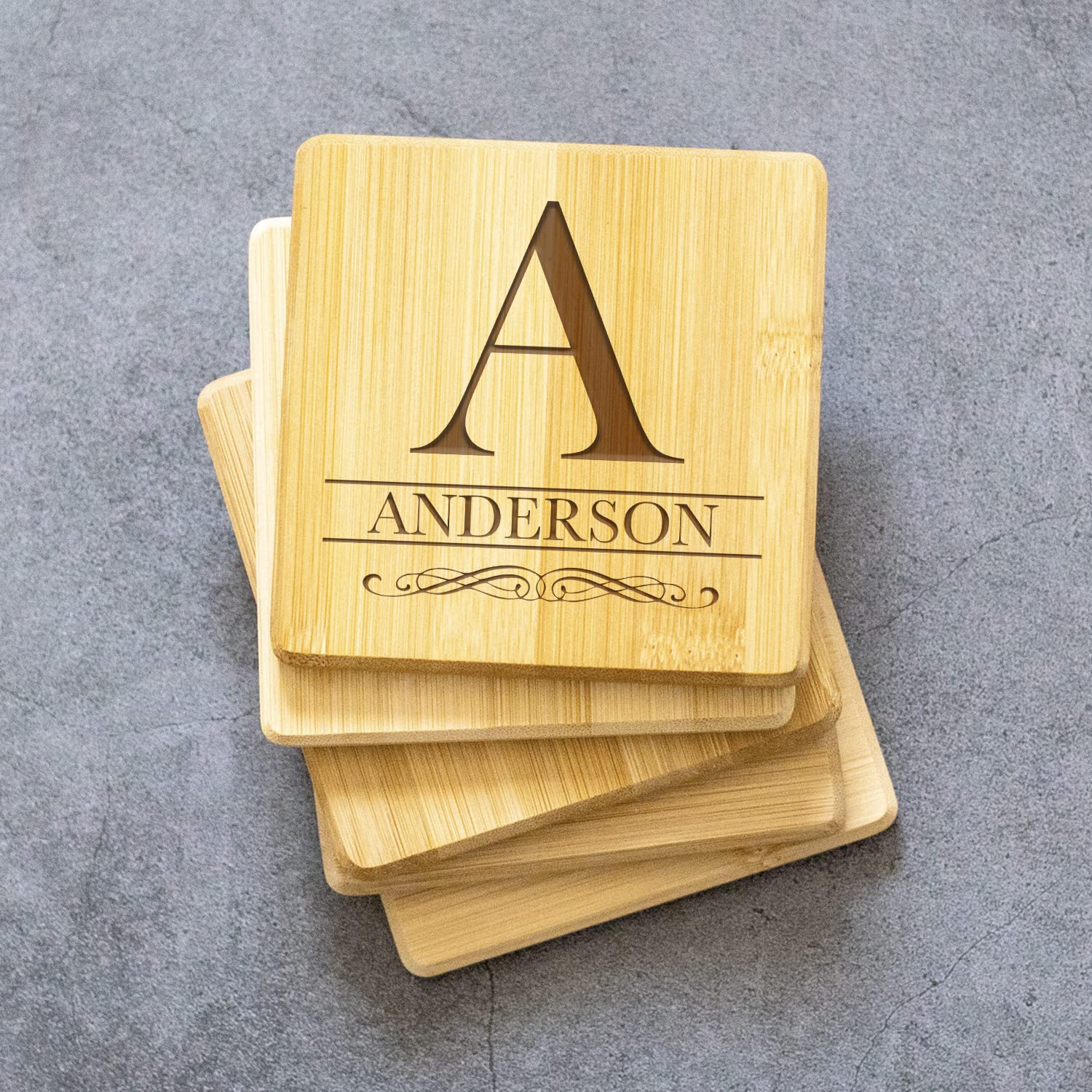 Personalized Bamboo Drink Coasters Set of 4 - Custom Engraved Wedding Gift for Couples, Housewarming Gift for New Home - Perfect for Coffee Tables, Bars & Kitchen Countertops - Anderson Design