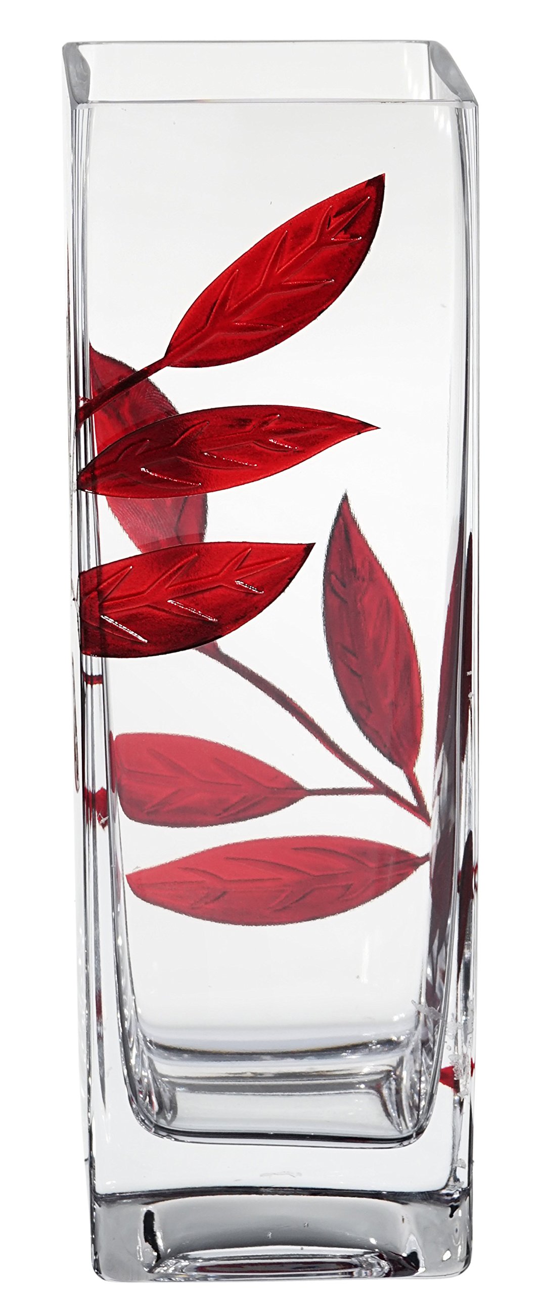 Luxury Hand Blown Glass Vase with Sandblasted Red Leaf Design - 9.7 Inch Clear Square Vase in Golden Gift Box - Elegant Home Decor for Living Room, Wedding Centerpiece, Housewarming Gift