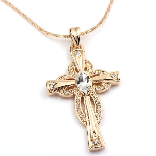 FC Jory Rose & Rhodium Plated Cubic Zirconia Cross Pendant Necklace for Women - Elegant Religious Jewelry Gift for Christmas, Baptism & Everyday Wear