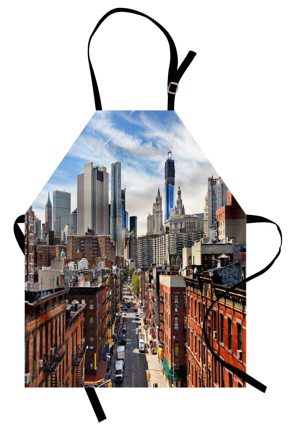Ambesonne City Apron - Lower Manhattan NYC Skyline Design, Adjustable Bib Apron for Baking, Painting & Cooking - Small Size Dark Orange Grey Blue - Perfect for Home Chefs, Artists & NYC Enthusiasts