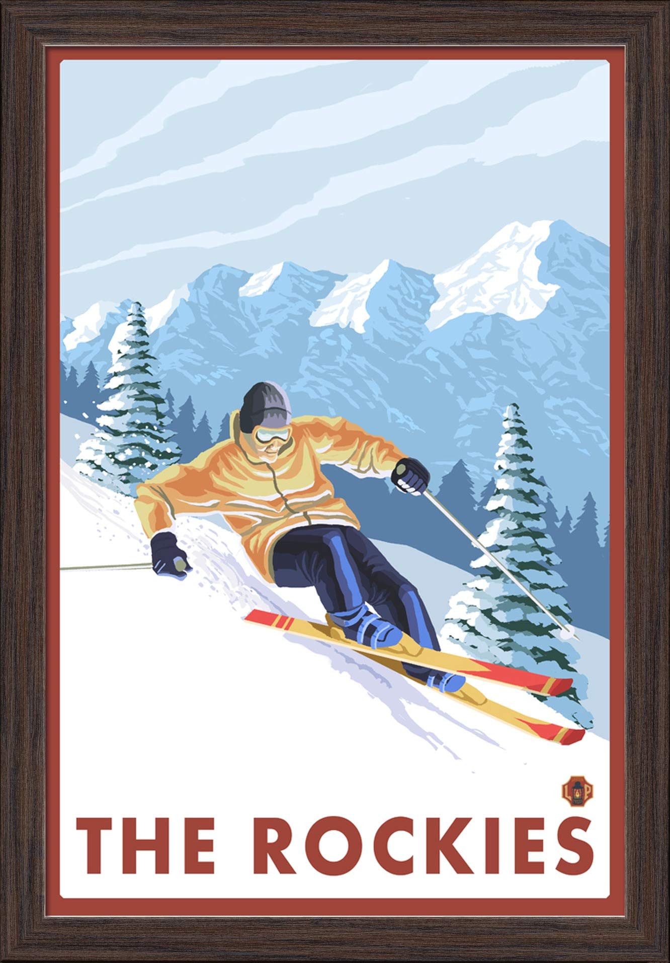 16x24 Giclee Fine Art Print - The Rockies Downhill Snow Skier - Recycled Wood Frame in Espresso Brown - Perfect for Ski Lodge, Mountain Cabin & Winter Sports Decor