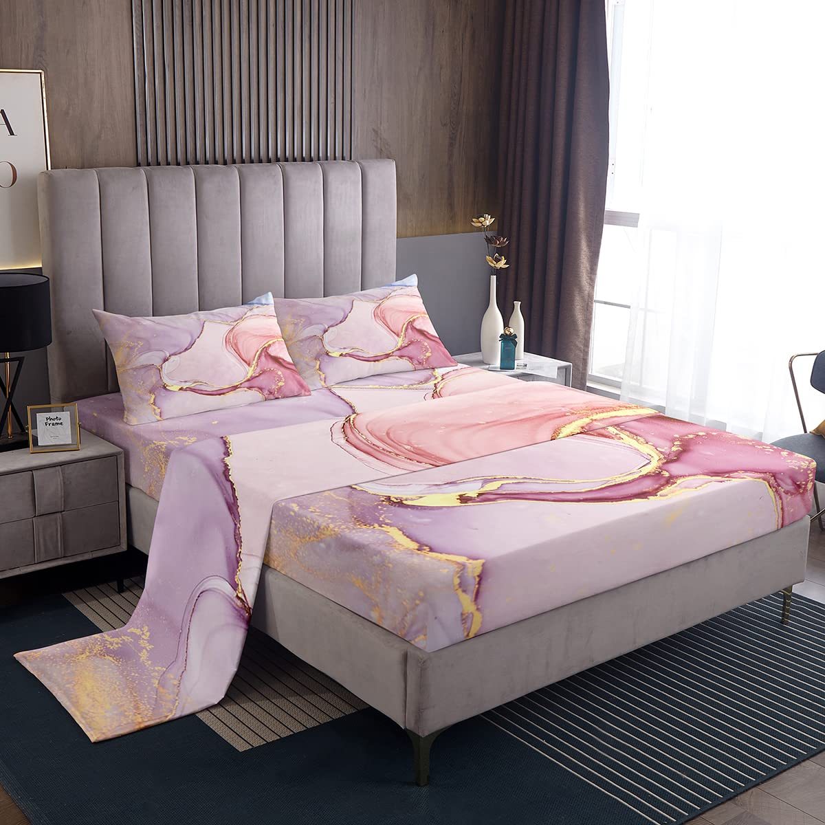 Pink Purple Gold Marble Bed Sheets Set - Soft Modern Marble Pattern Queen Size 4-Piece Bedding (1 Fitted Sheet, 1 Flat Sheet, 2 Pillowcases) for Girls Room, Teen Bedroom & Guest Room Decor
