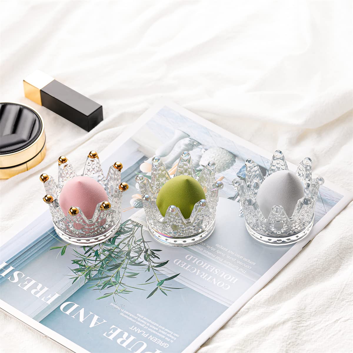 Elegant Crown-Shaped Crystal Glass Candle Holder Set of 2 - Perfect for Makeup Sponge Storage, Jewelry Display, Watch & Nail Art Organization | Wedding & Christmas Decor for Home, Party, and Gift Giving