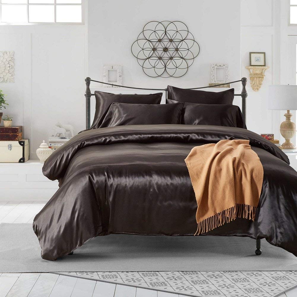Angel's Bedding Ultra Soft Luxurious Silk-Like Satin 5-Piece Comforter Set (Comforter, Flat Sheet, Fitted Sheet & 2 Pillowcases) - Durable & Comfortable California King Size Bedding in Black - Perfect for Master Bedrooms, Guest Rooms & Luxury Hotels