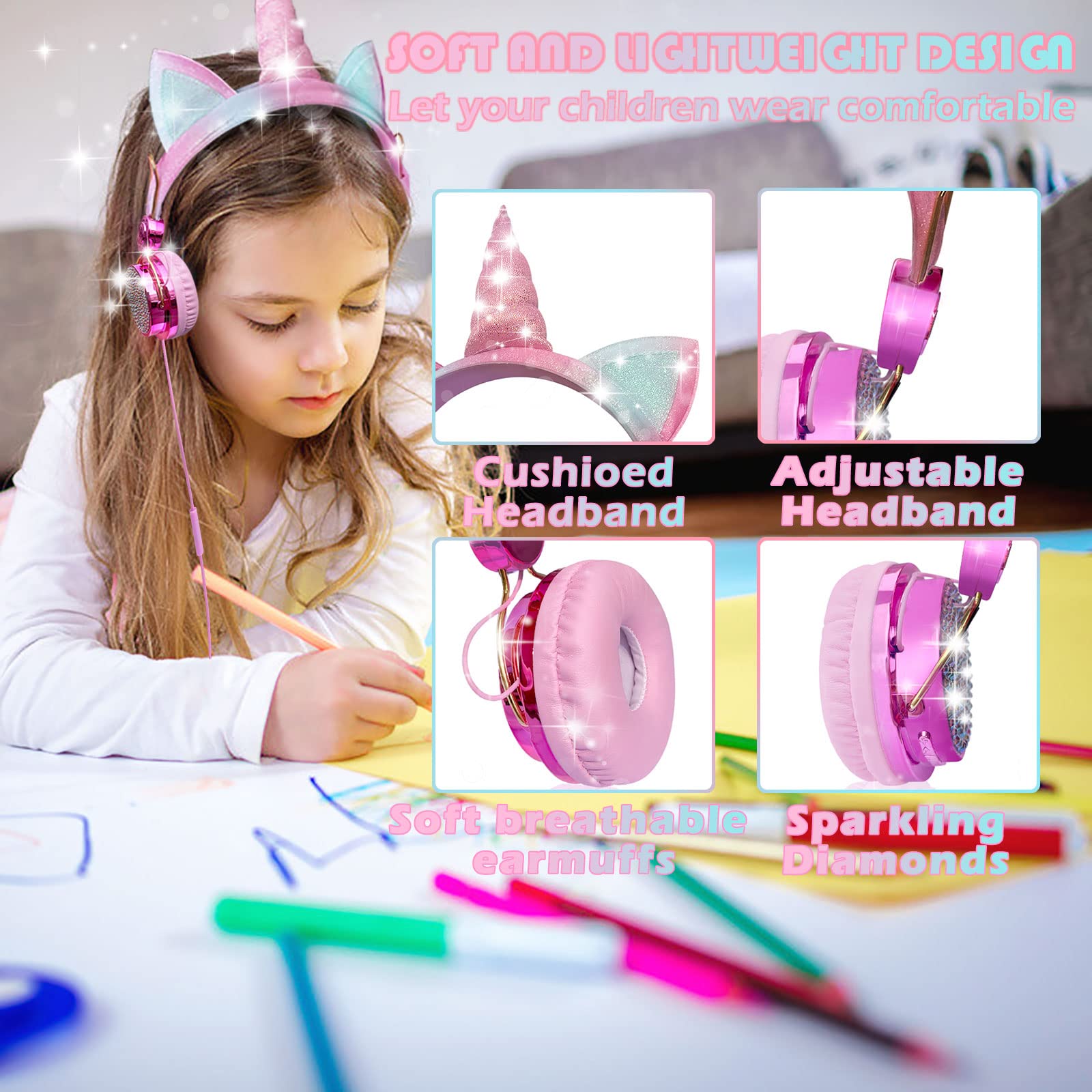 SVYHUOK Cute Cat Ear Wired Headphones for Girls, Kids & Teens - 3.5mm Jack with Microphone, Over-Ear Headset for School, Online Classes, Gaming & Music - Perfect Birthday & Christmas Gift (Princess Rose)