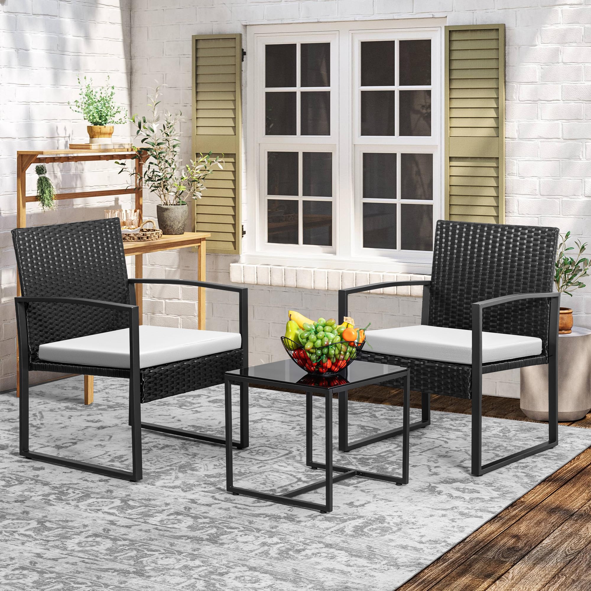 Devoko 3-Piece White Wicker Patio Set - Outdoor Rattan Furniture with Coffee Table & Cushions - Conversation Set for Balcony, Porch, Garden or Bistro - Perfect for Relaxing & Entertaining Outdoors