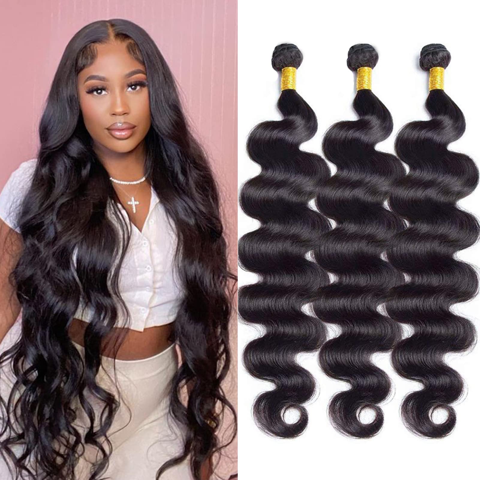 26 28 30 Inch 100% Unprocessed Brazilian Human Hair Bundles - Body Wave Weave 3 Bundles (300g) Natural Black Color for Sew-in, Clip-in Extensions & Styling