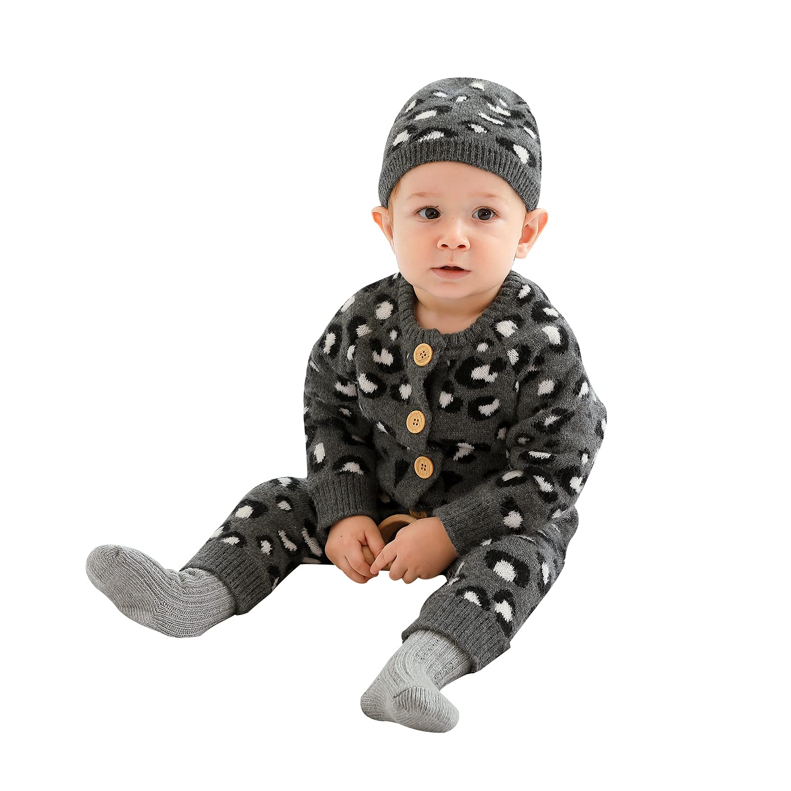 LAWKUL Baby Sweater Set - Cable Knitted Outfit with Leopard Romper & Crochet Bonnet - 2 Piece Baby Clothes for Newborns & Infants - Perfect for Photo Shoots, Birthday Parties & Winter Outings