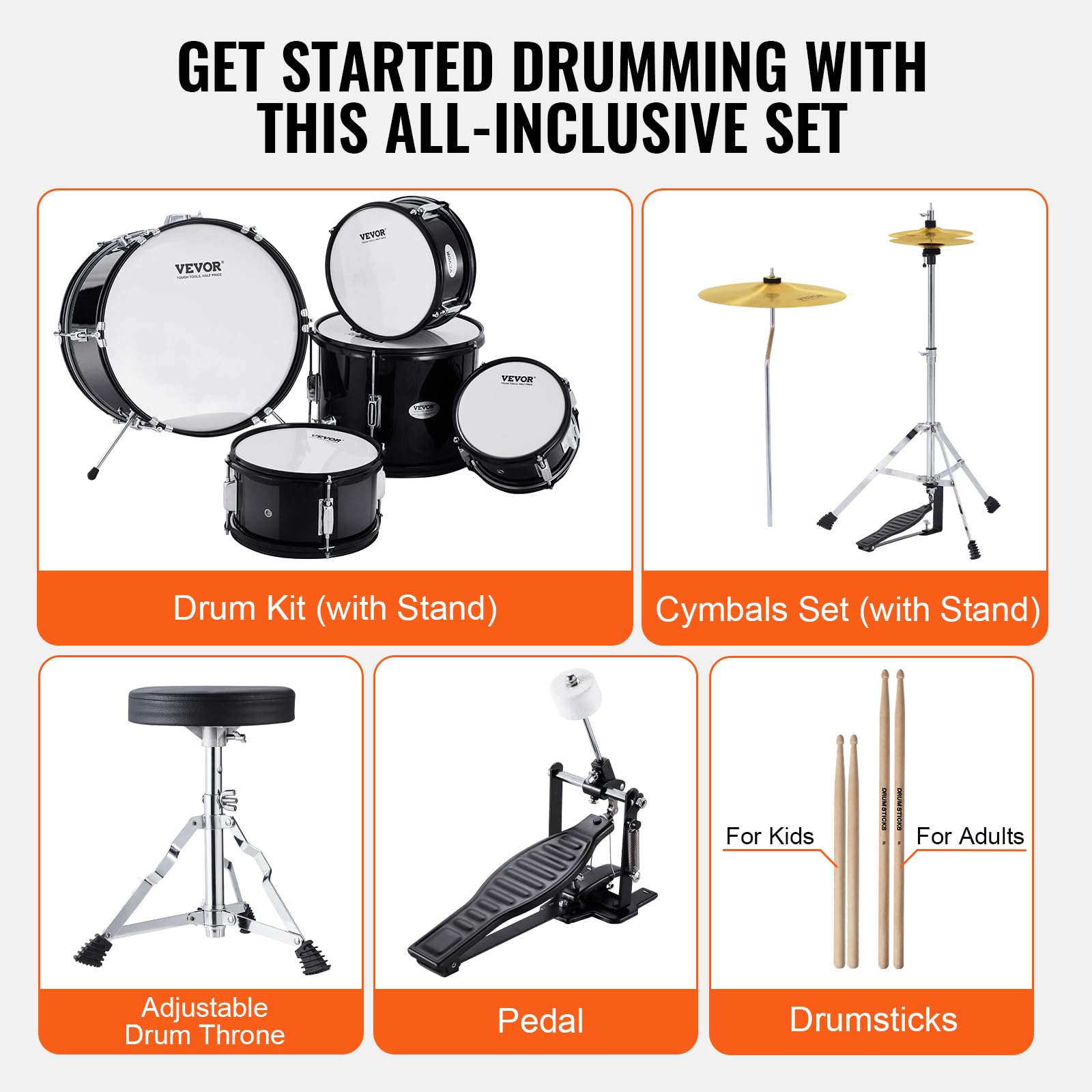 VEVOR 5-Piece Junior Drum Set for Kids & Beginners - 16 Inch Adjustable Drum Kit with Throne, Sticks, Cymbal, Pedal, Tom Snare Bass - Perfect Starter Drumset for Children's Music Practice & Home Play (Black)