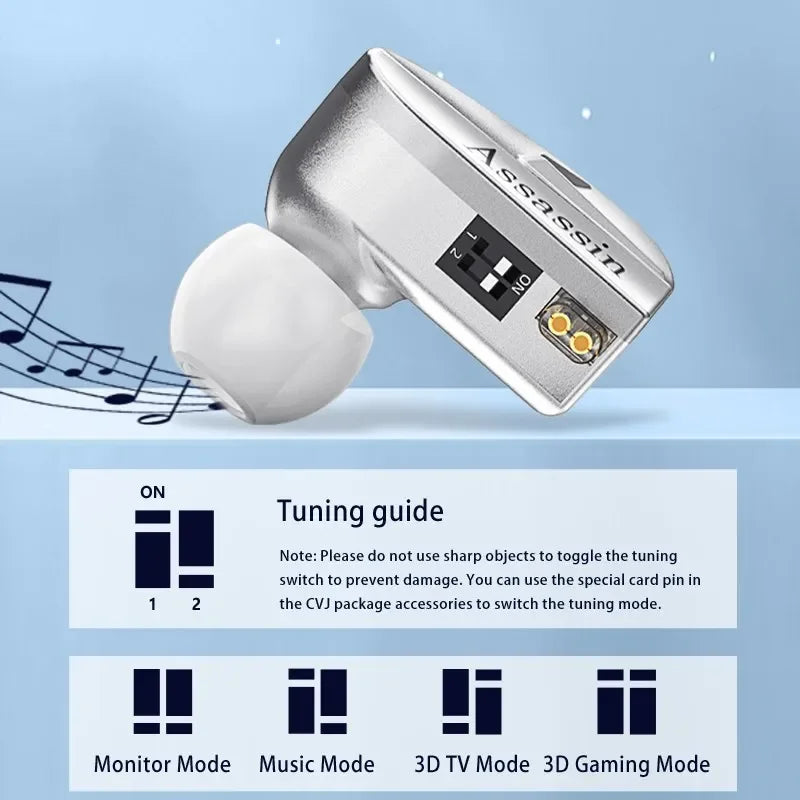 CVJ Assassin Silver Hybrid 1BA+1DD+1Vibration Driver Hi-Res In-Ear Monitors - Perfect for Gaming, Music Production & Audiophile Listening