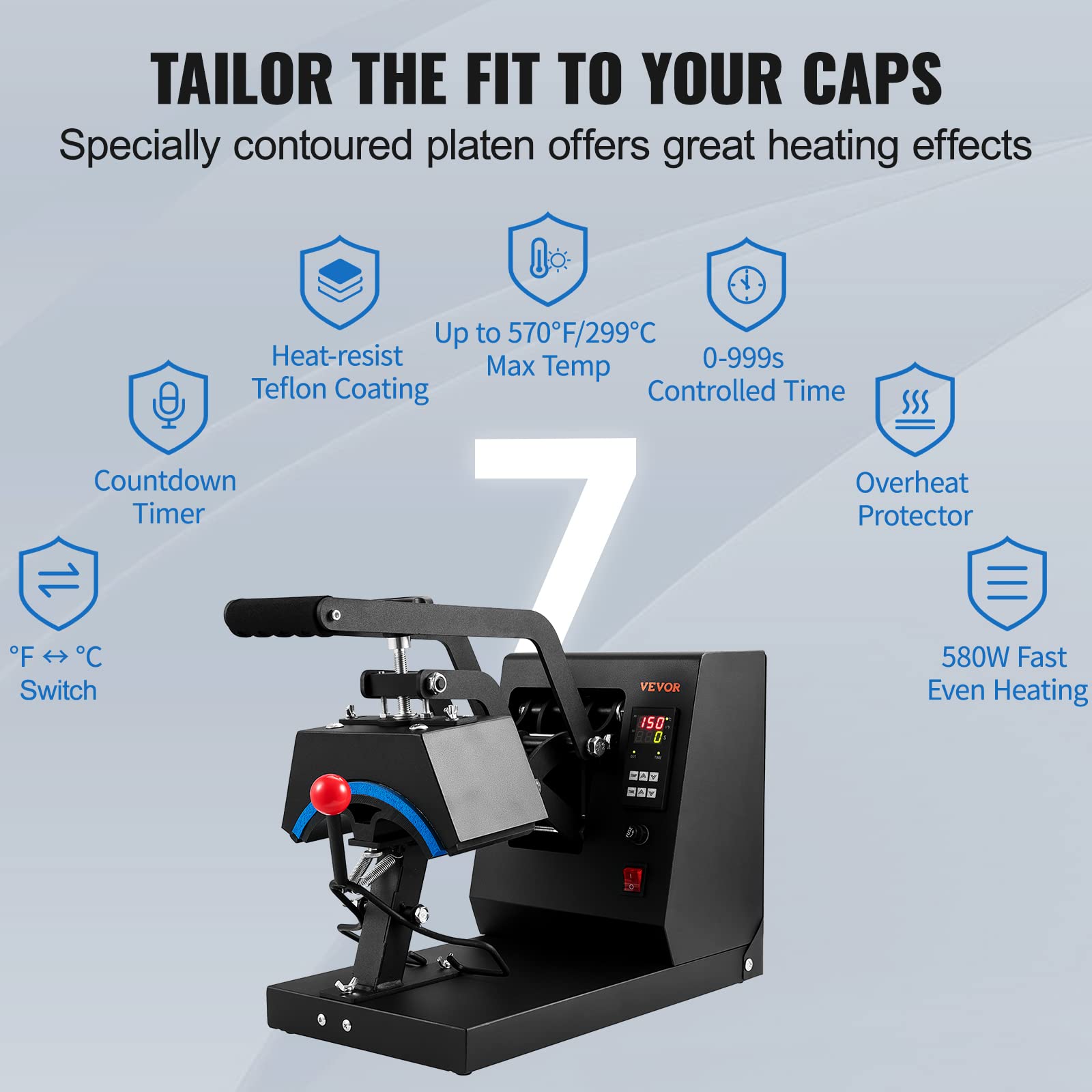 VEVOR 4-in-1 Hat Heat Press Machine with LCD Digital Control - 6x3inches Heating Platen for Sublimation Transfer on Hats & Caps - Includes 4 Replaceable Heating Pads (6x3/6.7x2.7/6.7x3.8/8.1x3.5) - Perfect for Custom Hat Printing, DIY Crafts & Small Business Apparel Decoration
