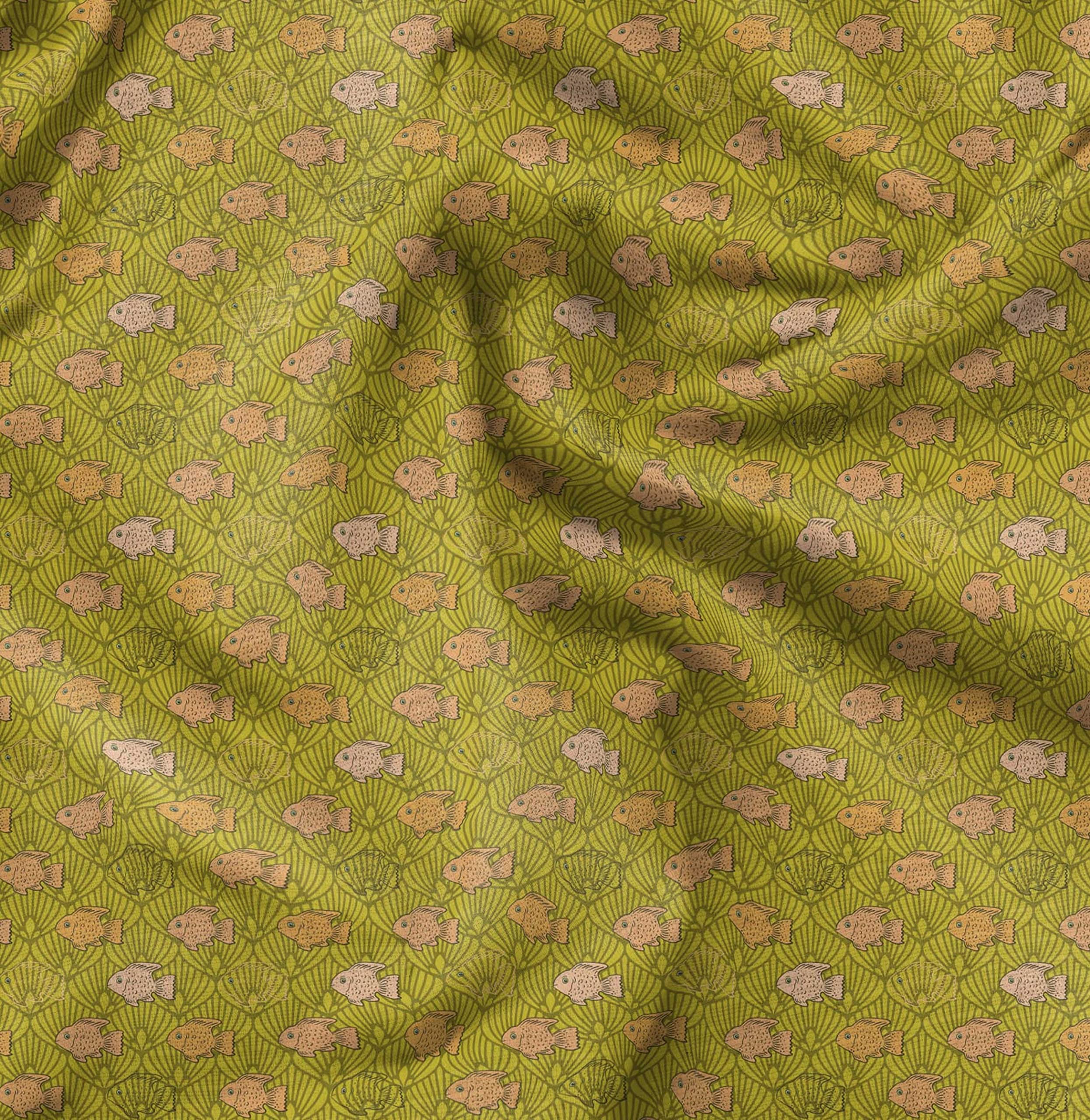 Soimoi Moss Georgette Brown Fabric by The Yard - 42 Inch Wide Fish & Shells Ocean Print Coastal Design - Lightweight Draping Material for Dresses, Scarves & Home Decor