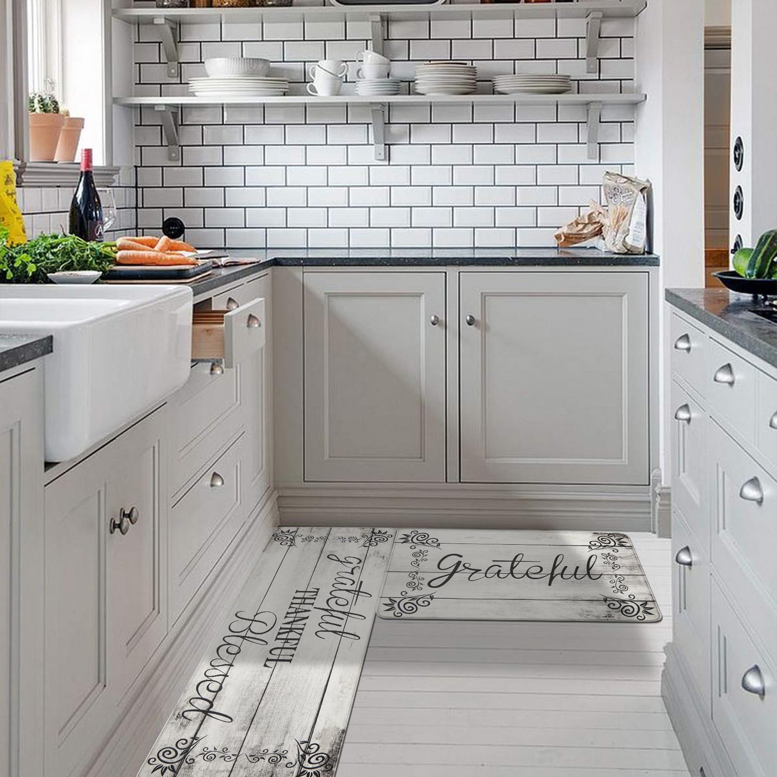 HEBE Anti-Fatigue Kitchen Mat Set of 2 - Non-Slip Cushioned Floor Mats for Standing, Waterproof & Comfortable - Perfect for Farmhouse Kitchen, Office Desk, Laundry Room & Sink Area - Reduces Foot Pain During Cooking, Cleaning & Long Work Hours