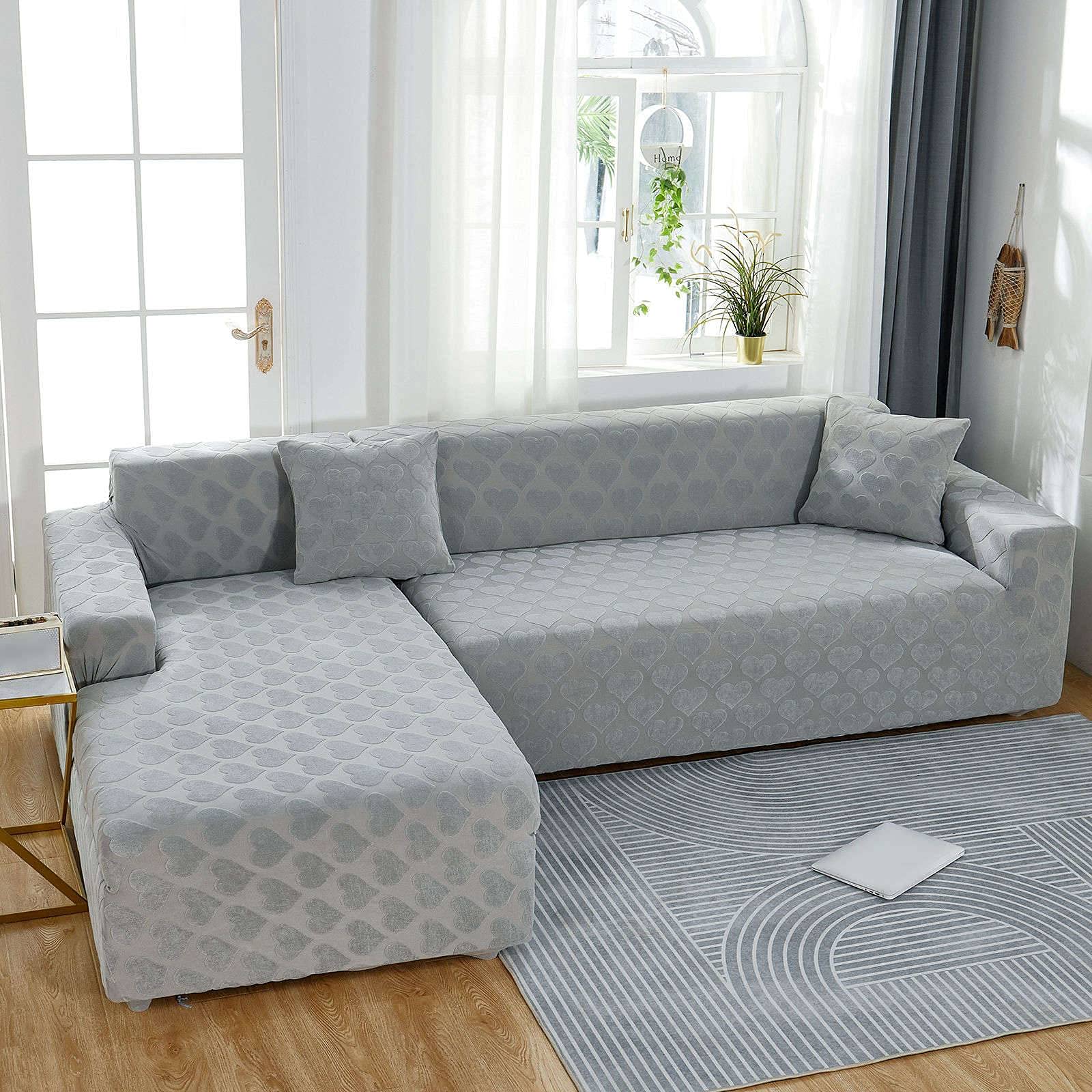 L-Shaped Sofa Cover 2-Piece Stretch Sectional Couch Slipcover - Polyester Spandex Chaise Lounge Protector for 3+5 Seater Couches - Gray - Perfect for Living Room, Family Room & Home Theater Furniture Protection