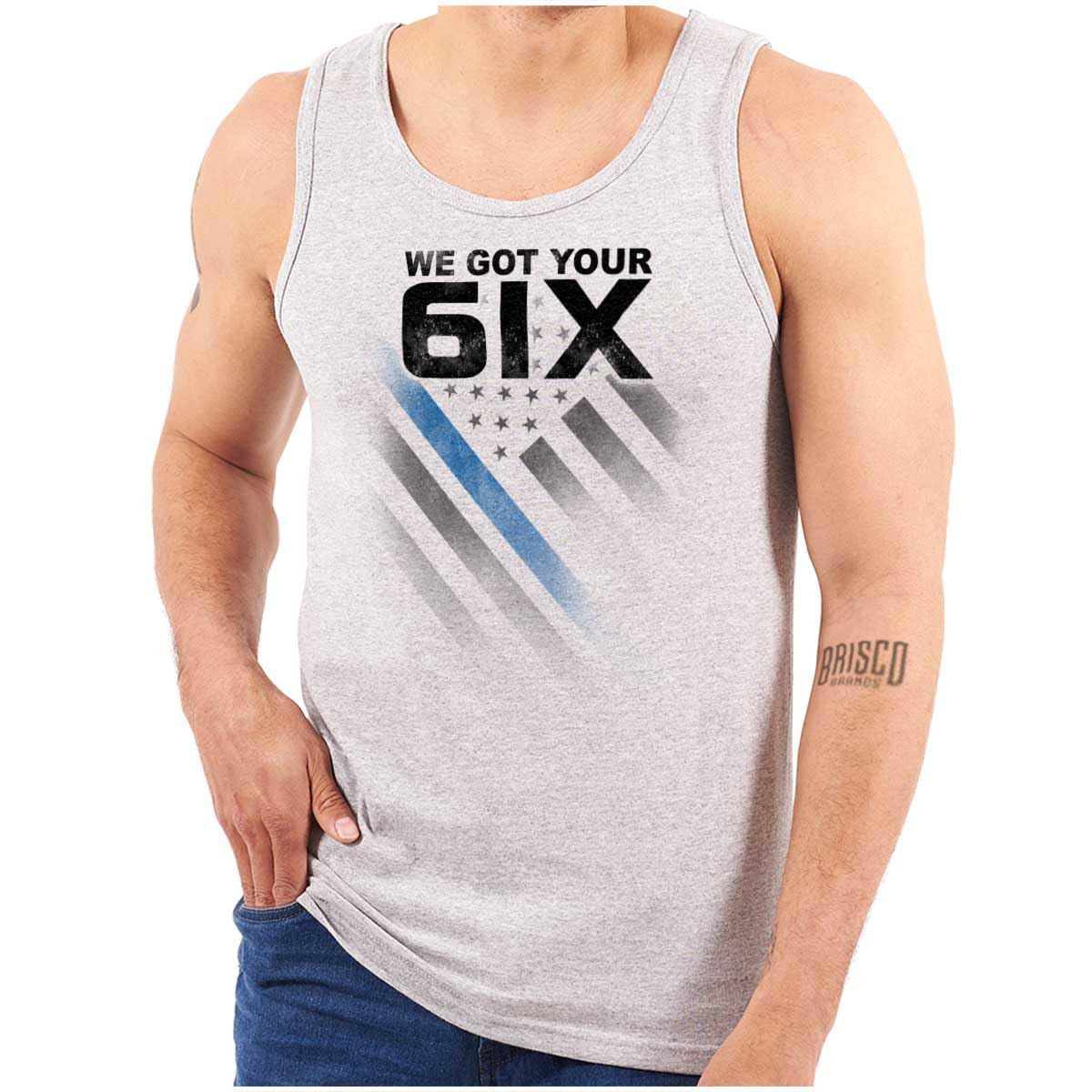 Brisco Brands We Got Your Six Blue Line USA Flag Tank Top T-Shirts for Men & Women - Patriotic Apparel for Police Support, Military Pride & American Flag Day Celebrations
