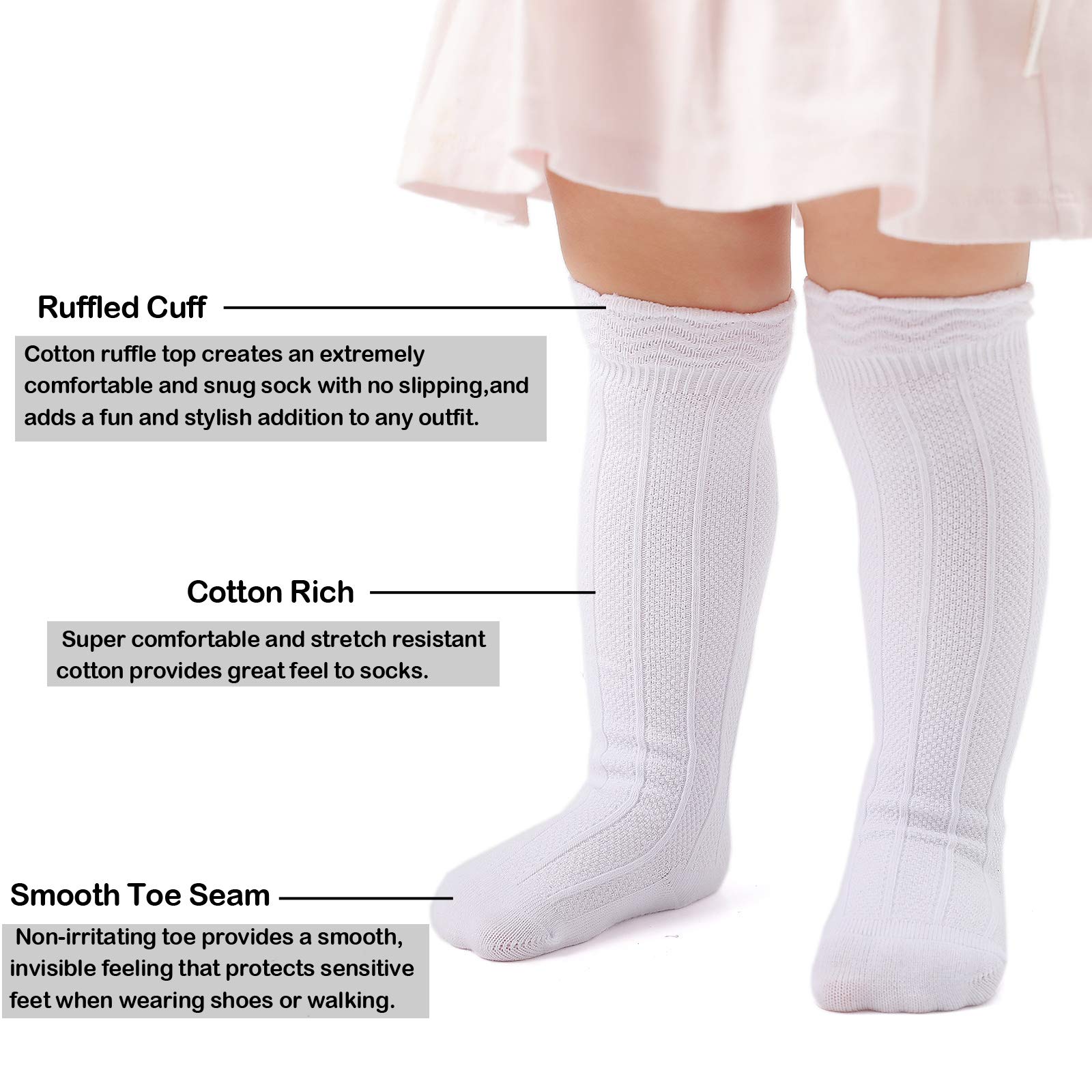 EPEIUS Baby Girls & Boys Knee High Socks - Uniform Tube Ruffled Stockings for Infants & Toddlers (3/5 Pack) - Perfect for School, Dance, Party & Daily Wear