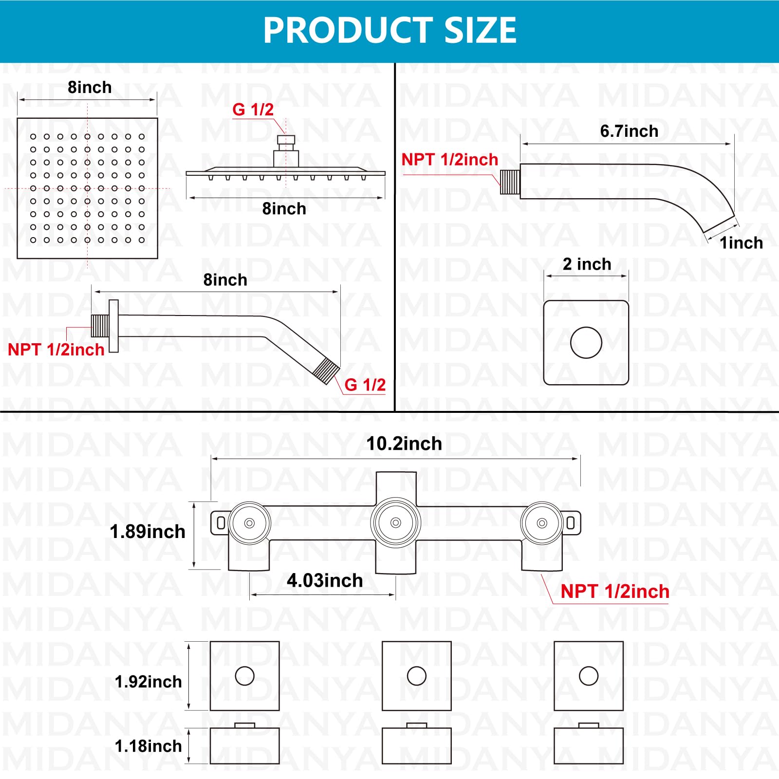 Midanya 3-Handle Wall Mount Tub Shower Faucet Set with 8-Inch Rainfall Shower Head, Brushed Nickel Finish - Bathroom Shower System for Luxurious Spa-Like Experience at Home