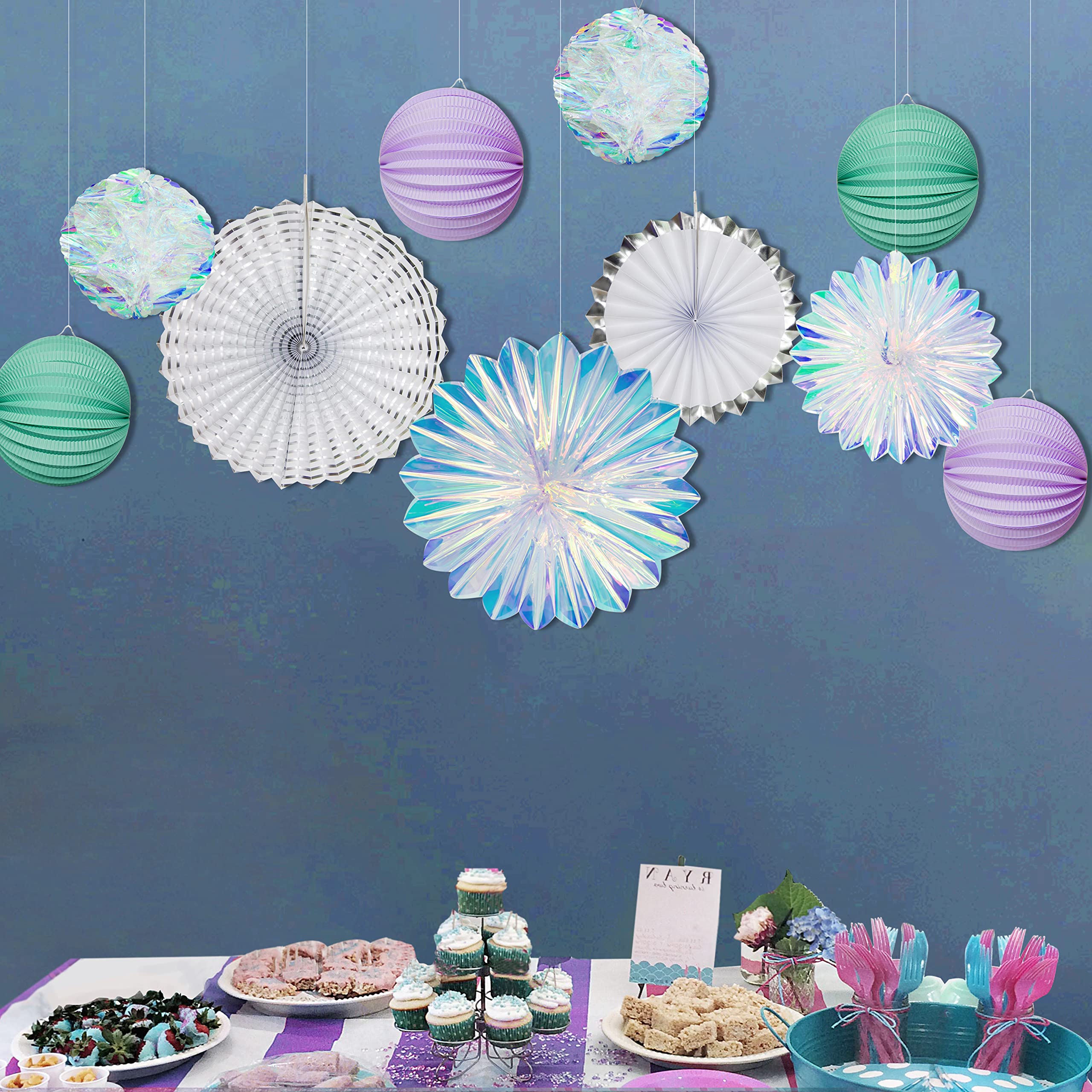 Cheerland Iridescent Holographic Party Decorations Set - Disco Ball Birthday Wedding Baby Shower Decorations - Hanging Paper Fans & Pompom Decor for Anniversary Bridal Shower Party Supplies (Perfect for Dance Parties, Photo Backdrops & Festive Events)