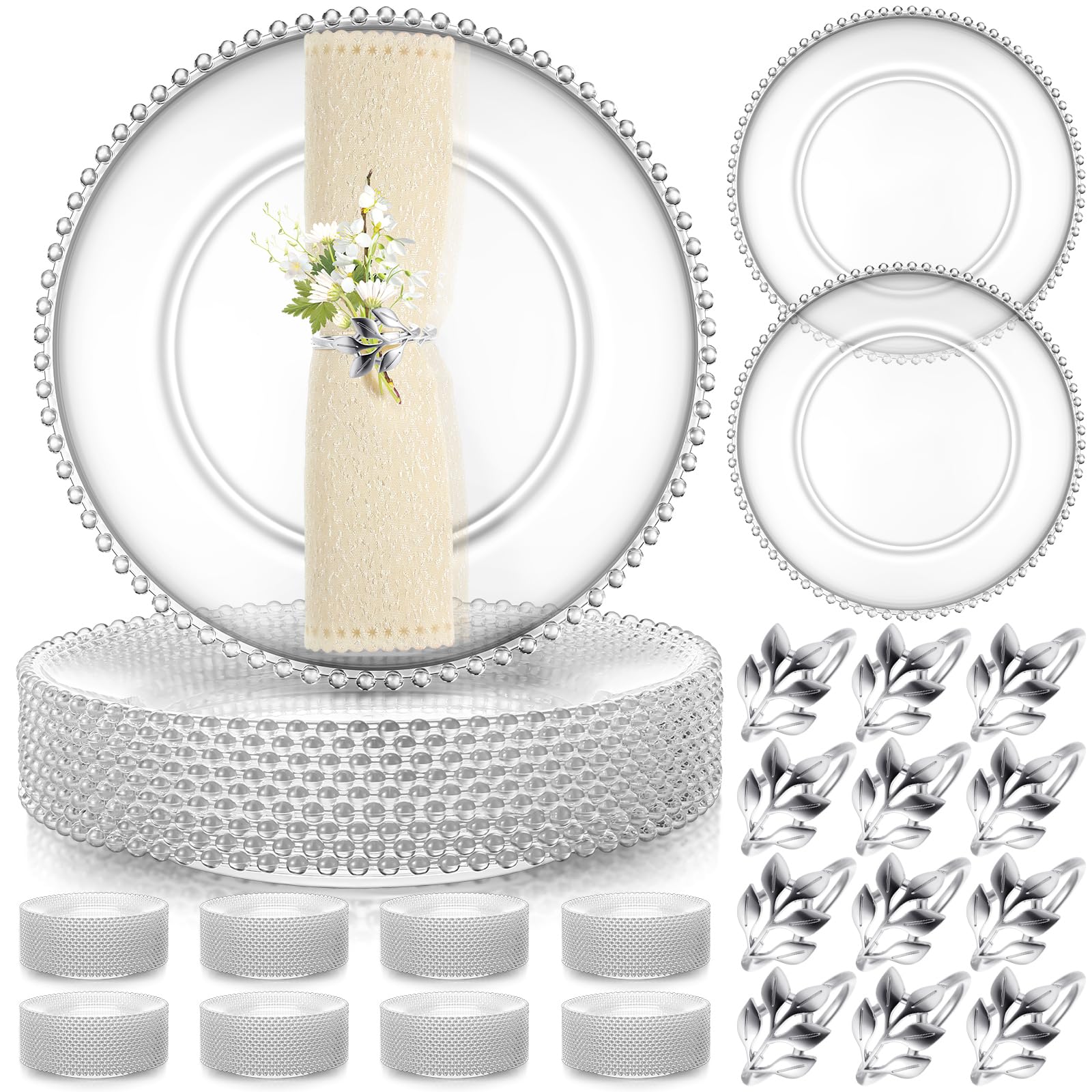 Bokon 50-Pack 13 Inch Clear Acrylic Charger Plates with Silver Beaded Edge & Napkin Rings - Elegant Plastic Dinner Plates for Wedding, Party, Thanksgiving & Holiday Table Decor (Clear & Silver) - Perfect for Formal Dining, Buffet Service & Special Occasions