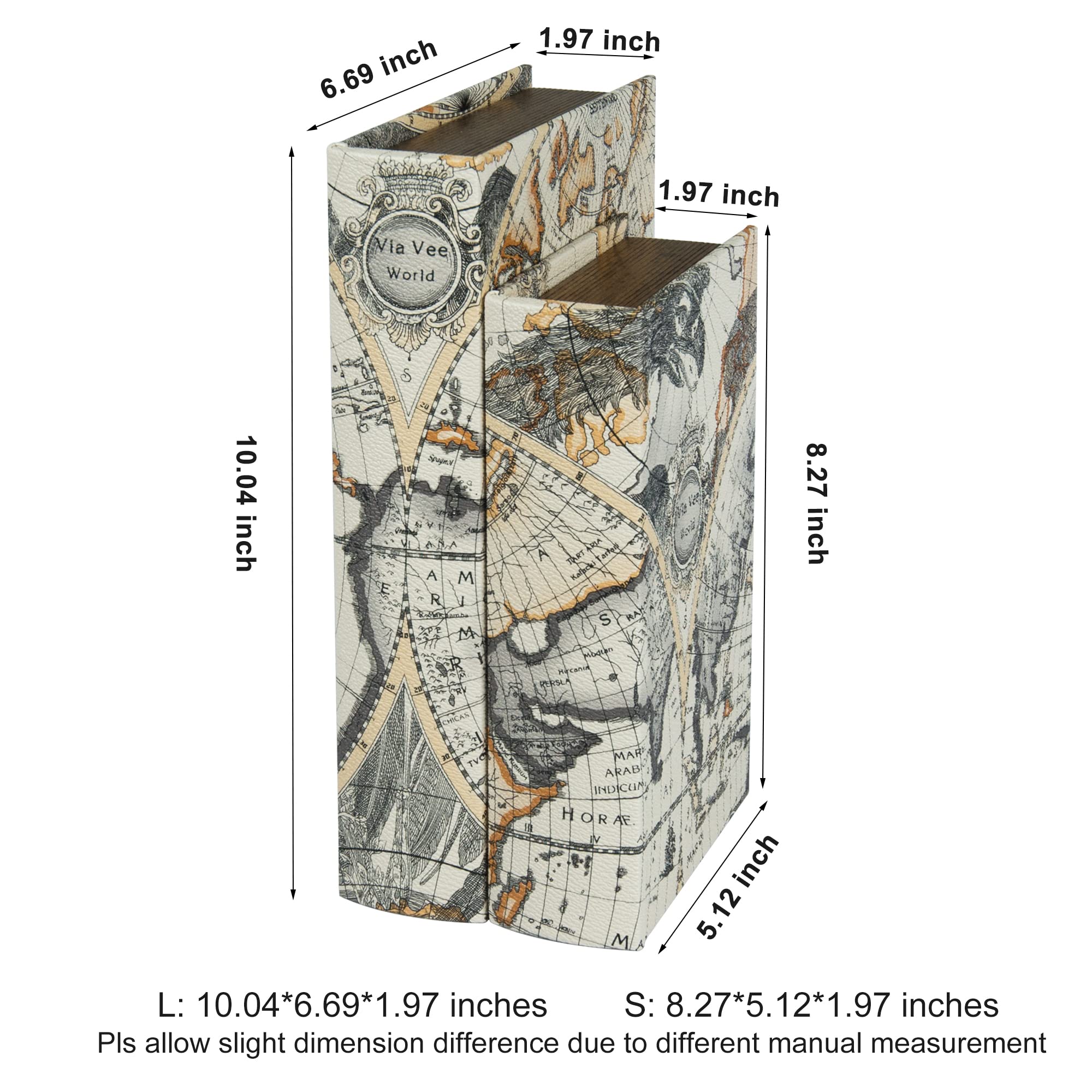 Faux Book Storage Box Set of 2 - World Map Pattern for Home & Shelf Decor | Coffee Table Display