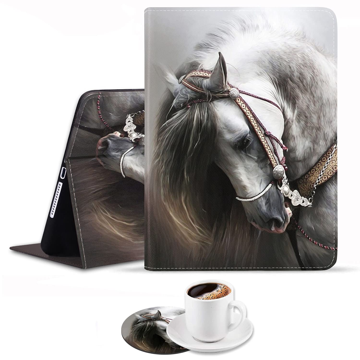 Apple iPad 6th/5th Gen Case, iPad 9.7 2018/2017 & iPad Air/Air 2 Protective Cover with Auto Wake/Sleep | Adjustable Stand | White Horse Design | Perfect for Home, Office & Travel Use