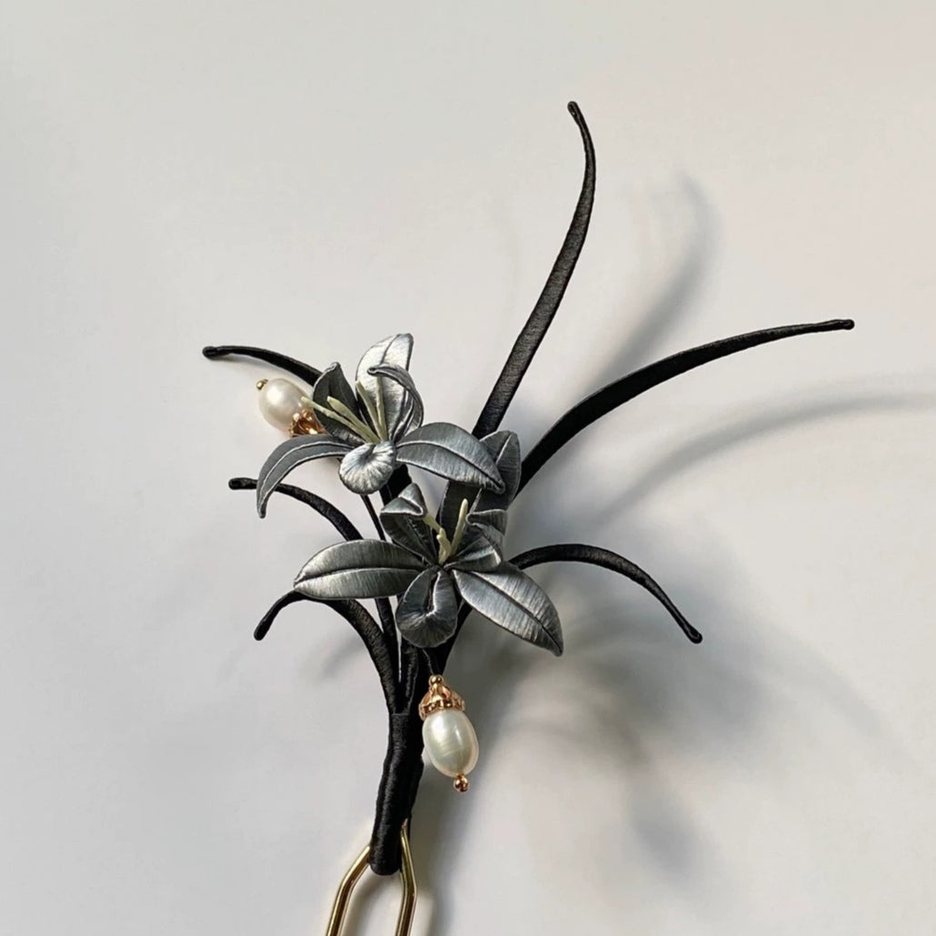 Black Orchid Silk Hairpin - Handcrafted Hair Accessory for Women | Elegant Hair Styling for Weddings, Parties & Special Occasions
