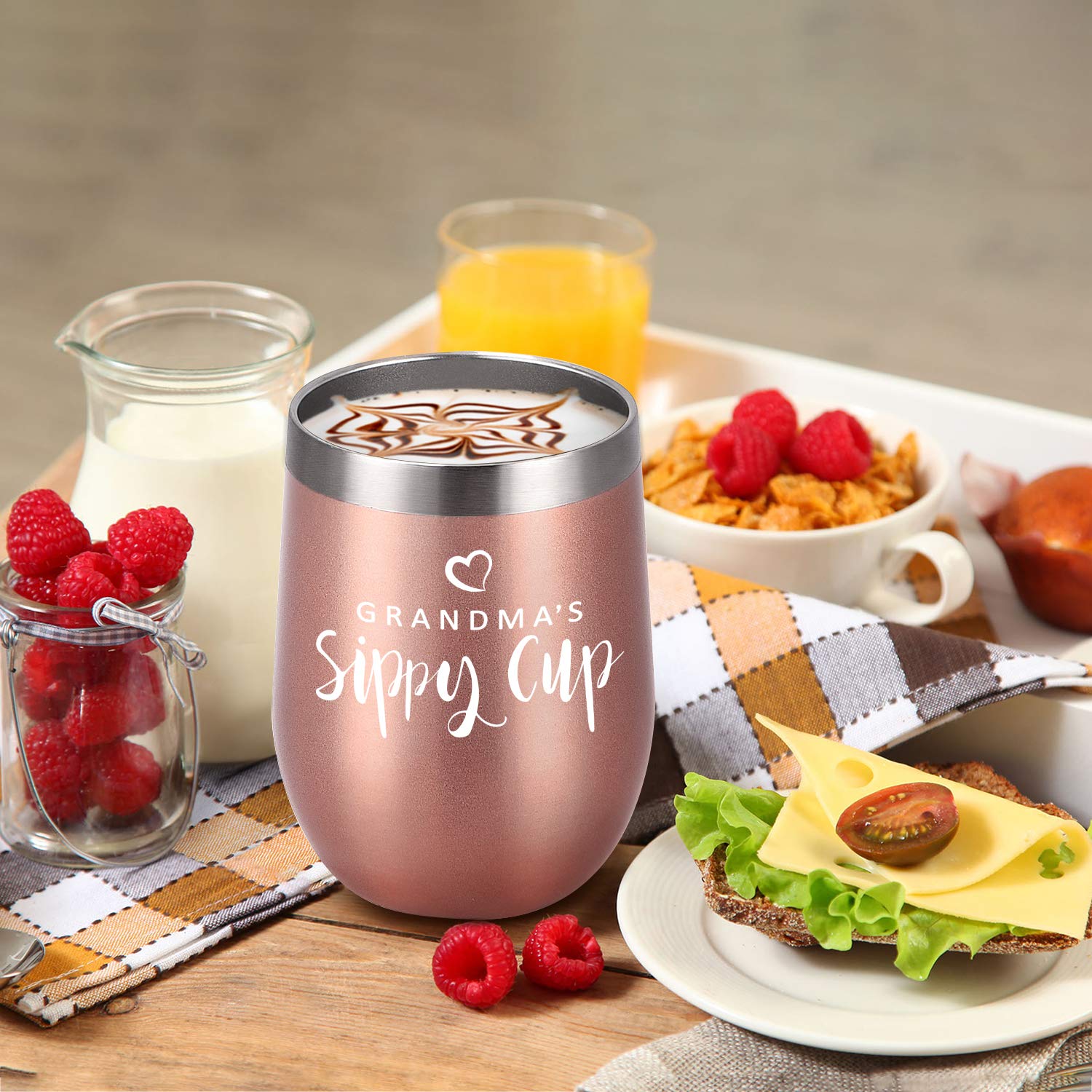 12oz Insulated Stainless Steel Wine Tumbler with Lid & Straw - Rose Gold Grandma's Sippy Cup - Perfect Birthday & Mother's Day Gift for Grandmother, Nana - Great for Wine Tasting, Picnics & Relaxing at Home
