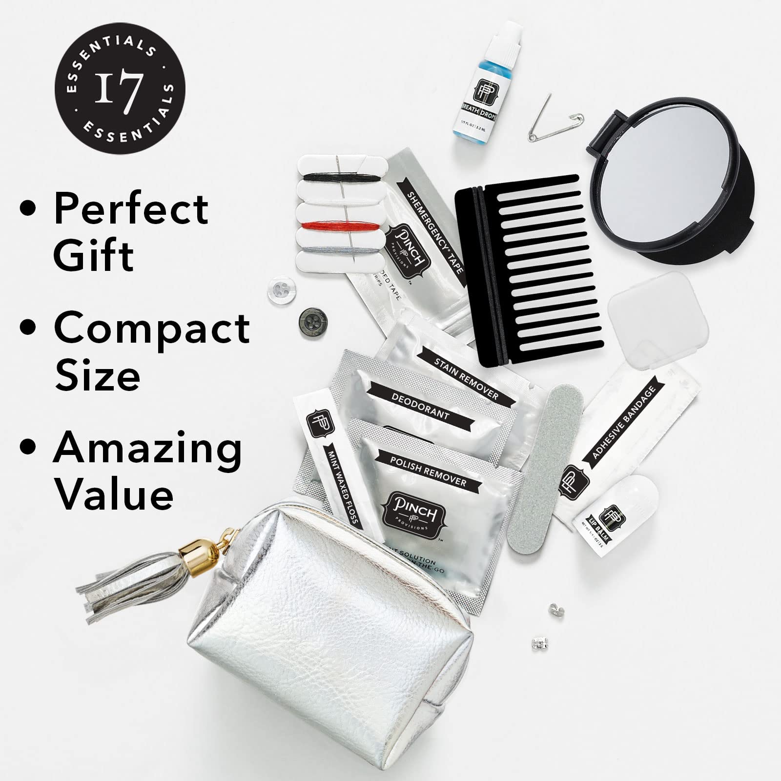 Metallic Minimergency Kit with 17 Travel-Sized Cosmetic Essentials | Compact Beauty Emergency Kit for Women | Perfect for Purse, Travel, Office & On-the-Go Touch-Ups | Great Holiday & Birthday Gift Idea (Silver)