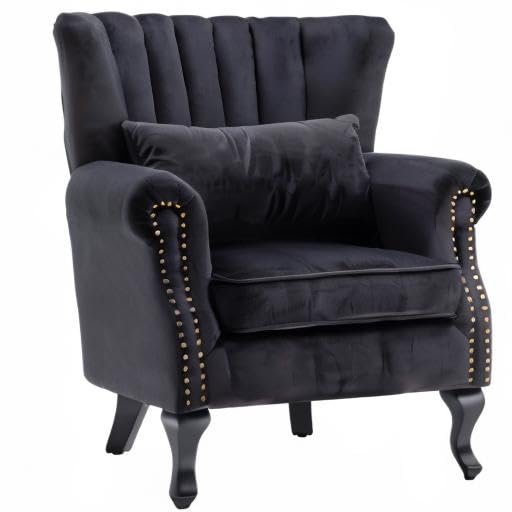 Mid-Century Modern Velvet Tufted Wingback Accent Armchair with Pillow - Stylish Lounge Chair for Living Room, Bedroom, or Office - Black