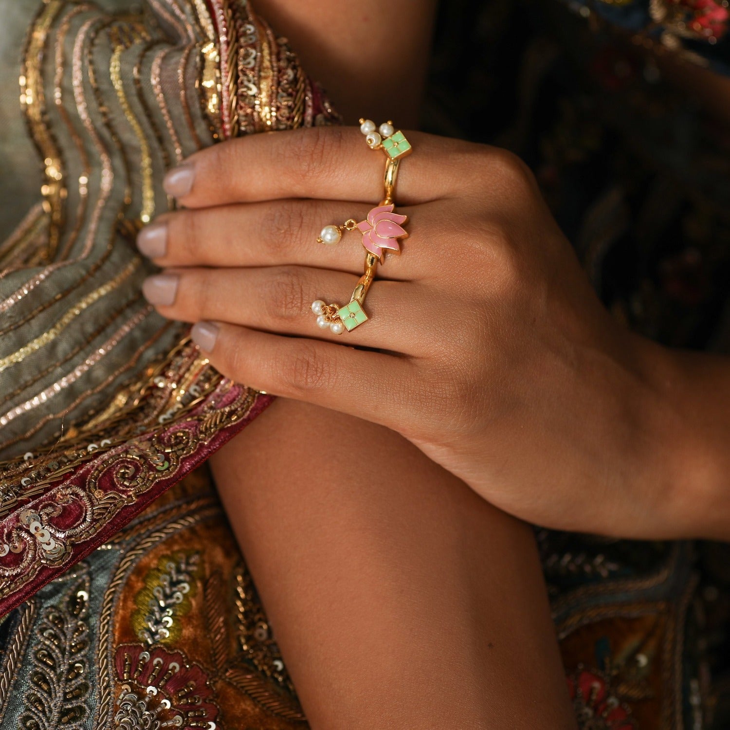 Exquisite Jalaja Lotus Multi-Finger Enamel Ring for Women - Boho Chic Handmade Jewelry - Perfect for Festivals, Weddings & Everyday Wear