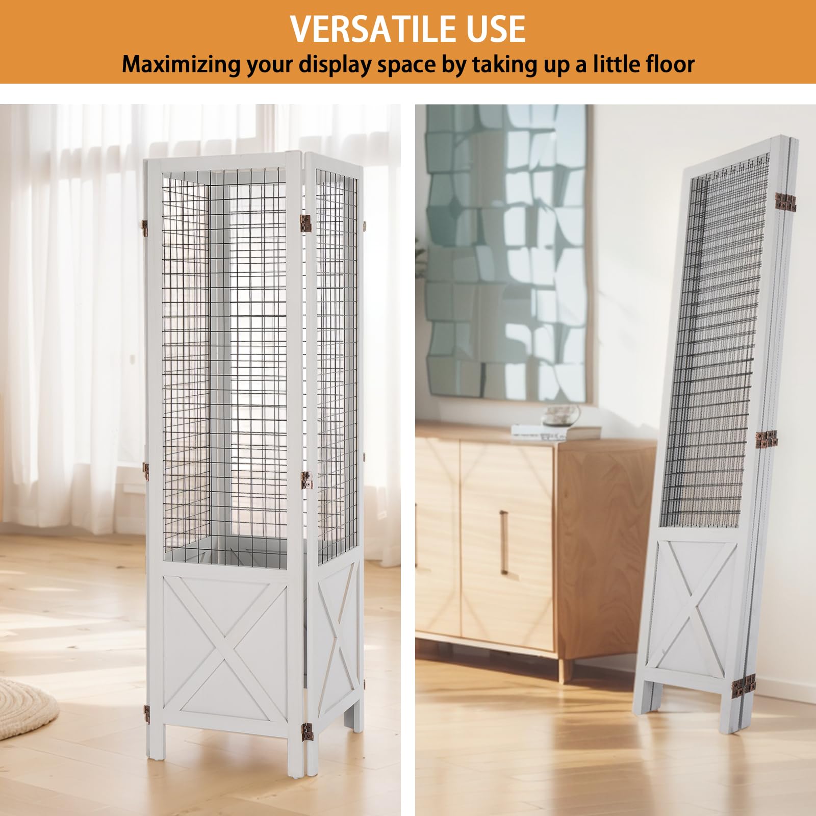 VINGLI 4 Panel Freestanding Room Divider - 5'×5' White Gridwall Display Board with Wooden Frame & Base Feet - Perfect for Craft Shows, Retail Stores, Events, and Home Office Organization