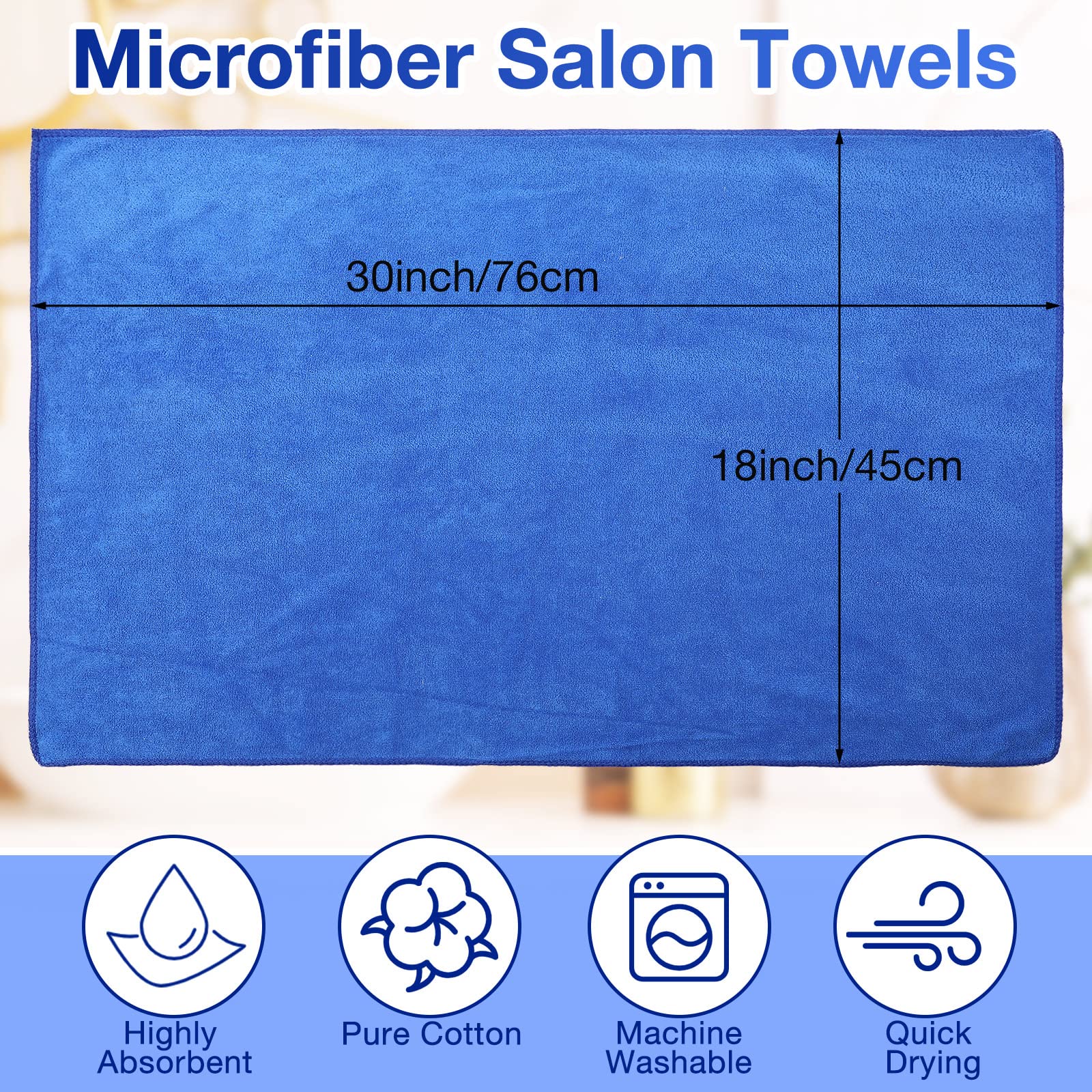 72 Pack Salon Towels Bulk - 18x30 Inch Microfiber Bleach Proof Hair Towels for Barber, Spa & Gym - Super Absorbent, Lint Free, Quick Dry Hand Towels - Perfect for Hair Styling, Shaving & Bath Use (Blue)