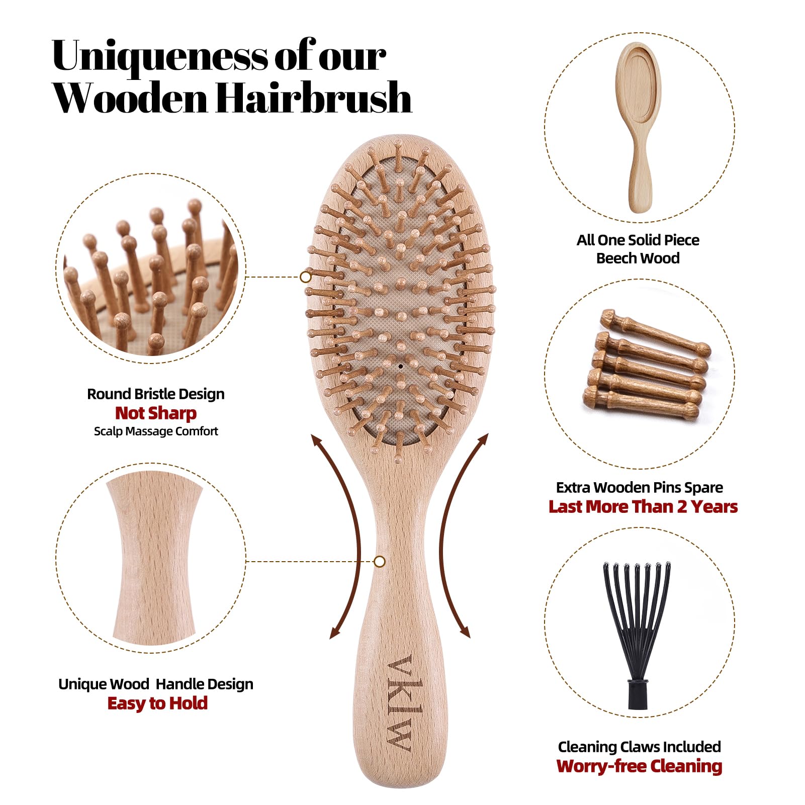 Wooden Hair Brush & Comb Set - Reduce Frizz, Static & Scalp Massage for Women & Kids - Home & Travel Use