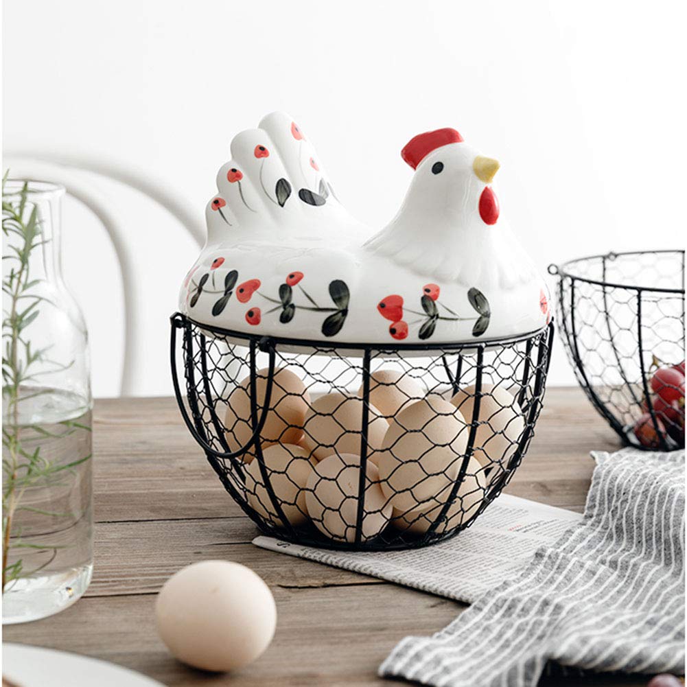 Hand-Painted Wrought Iron Egg Storage Basket - Creative Kitchen Organizer for Ginger, Garlic, Potatoes & Fruits - Rustic Ceramic Hollow Container for Farmhouse & Country Style Kitchens