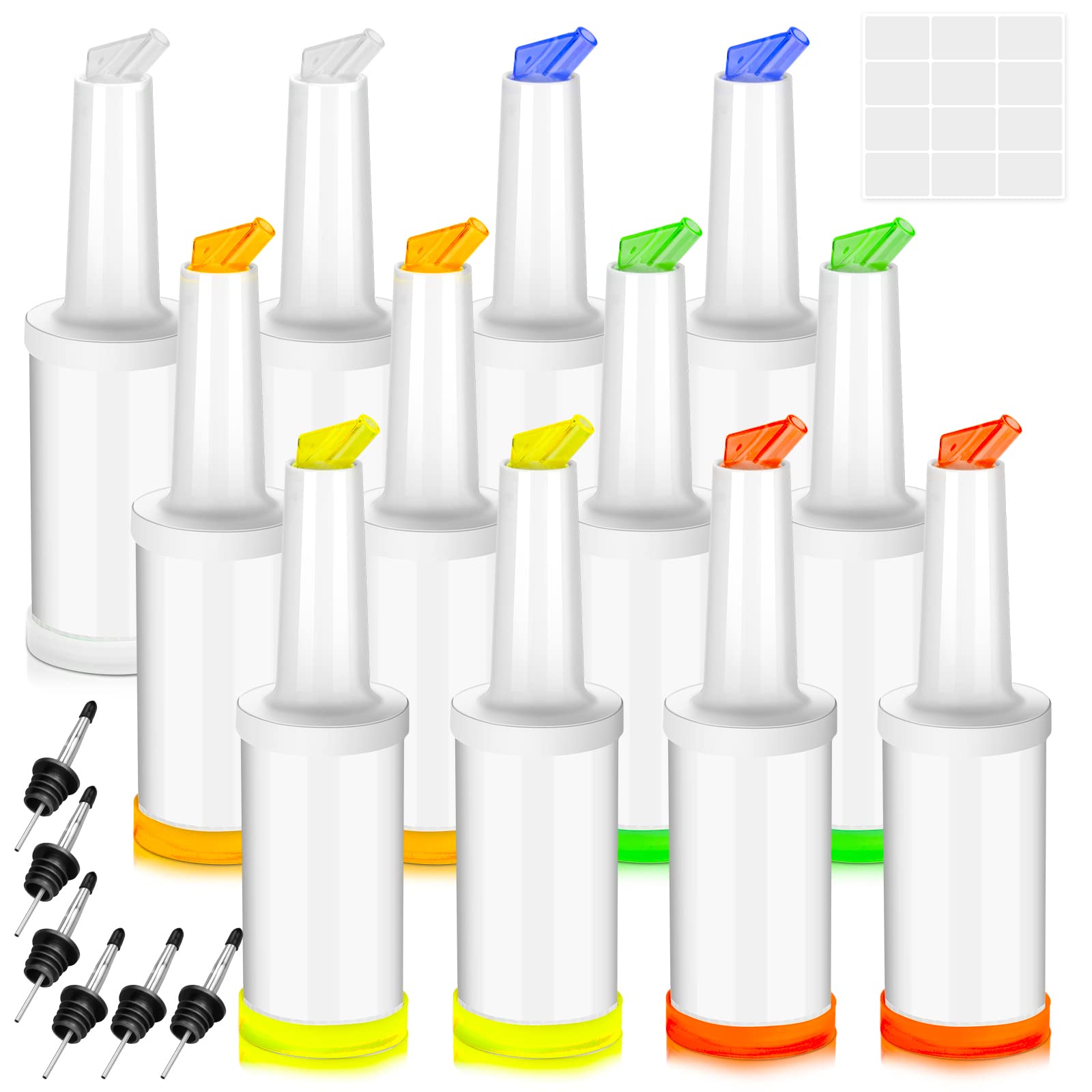 12 Plastic Juice Pour Bottles with 40 Stainless Steel Liquor Pourers - Durable Bar Accessories for Home Kitchen, Party & Commercial Use - Perfect for Cocktails, Coffee, Syrups & Beverage Dispensing