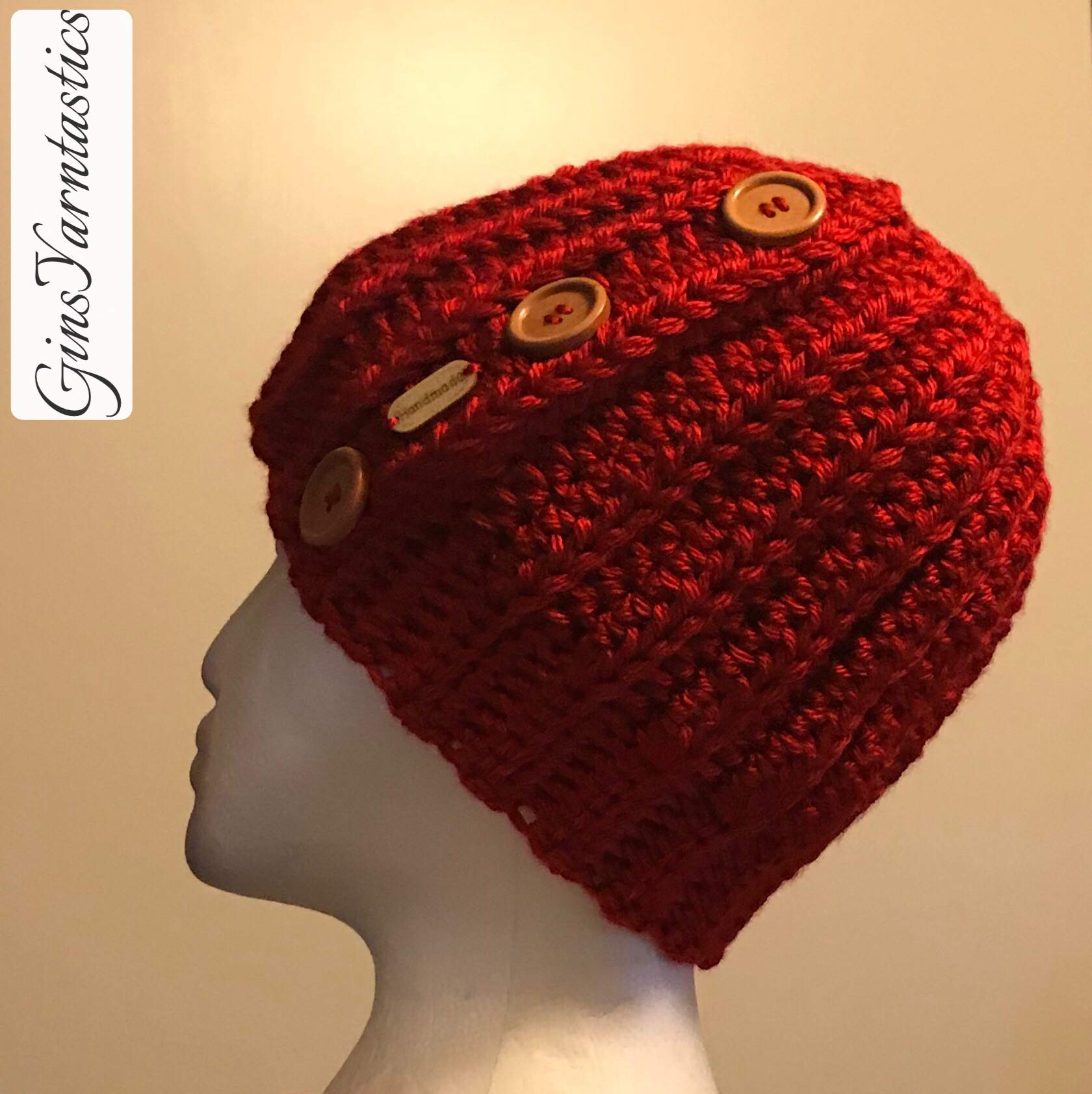 Autumn Red Crochet Messy Bun Beanie with Buttons - Stylish Winter Hat for Women, Warm Knitted Slouchy Cap for Cold Weather, Perfect for Outdoor Activities, Running, Hiking and Casual Wear