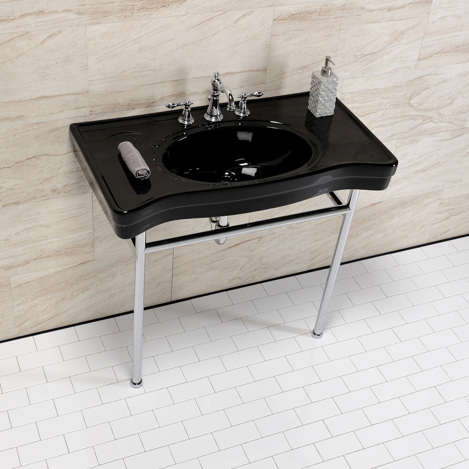 Bristol VPB28140W81K 36 Inch Black Ceramic Bathroom Sink with Polished Chrome Stainless Steel Legs - 8 Inch 3 Hole Faucet Mount Console Sink for Modern Bathroom Vanity, Powder Room, or Guest Bath Installation