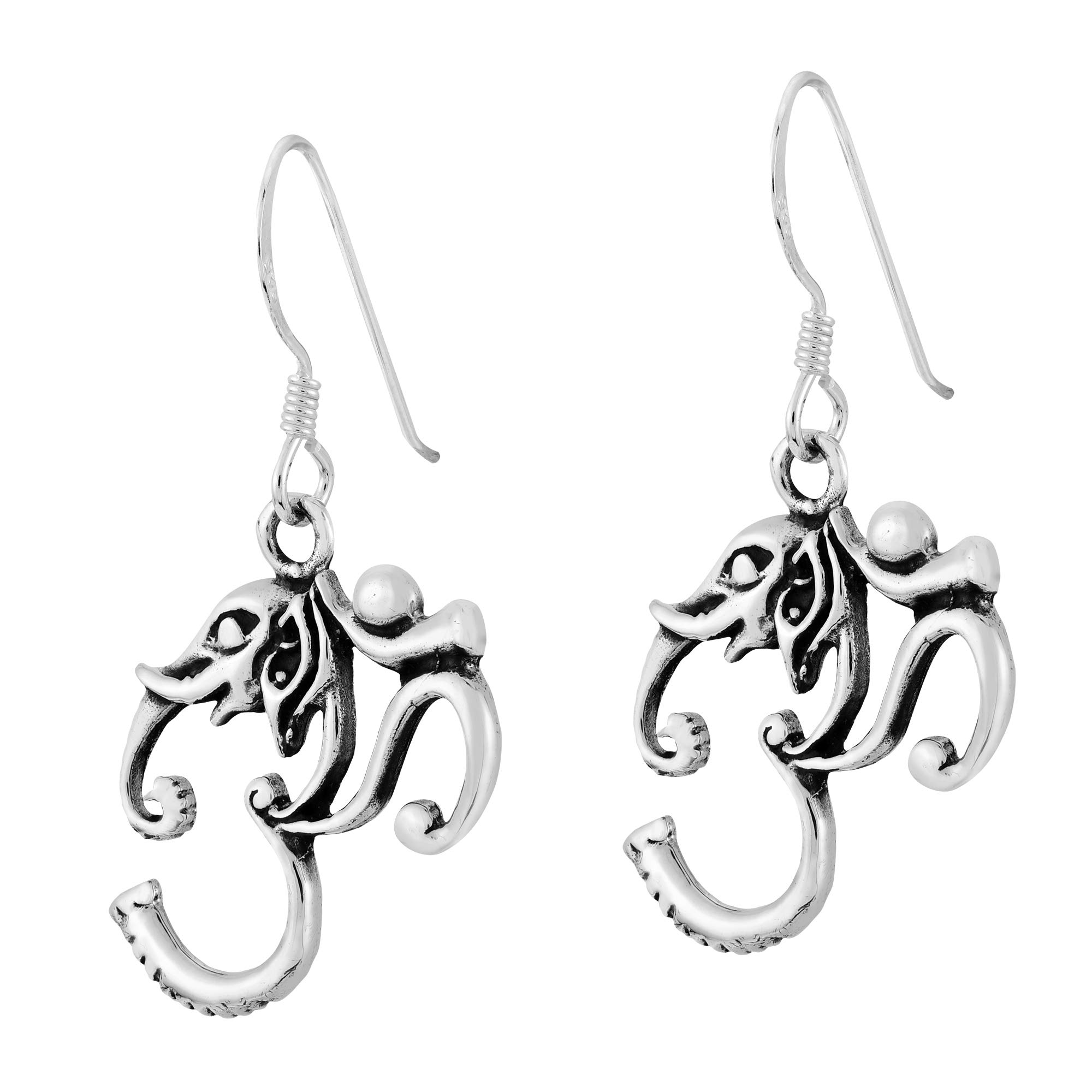 925 Sterling Silver Ganesh Elephant God Dangle Earrings for Women | Hindu Religious Jewelry | Aum-Om Symbol Earrings | Elegant Silver Dangle Earrings for Puja, Festivals & Spiritual Occasions