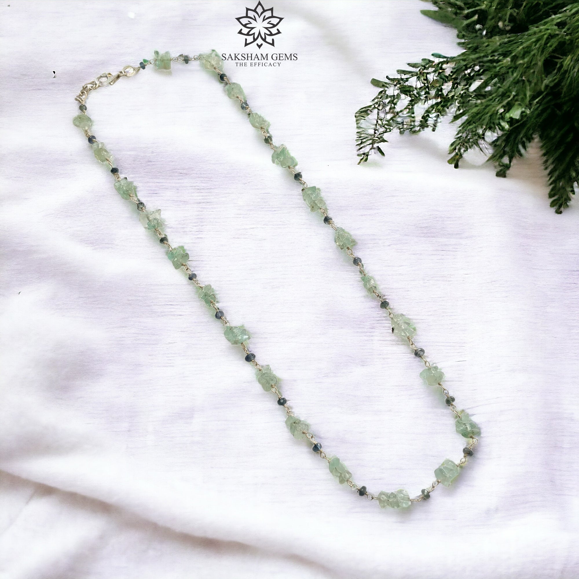 925 Sterling Silver Green Emerald & Blue Sapphire Gemstone Beaded Chain Necklace - 8.00g Natural Uncut Stones - 17